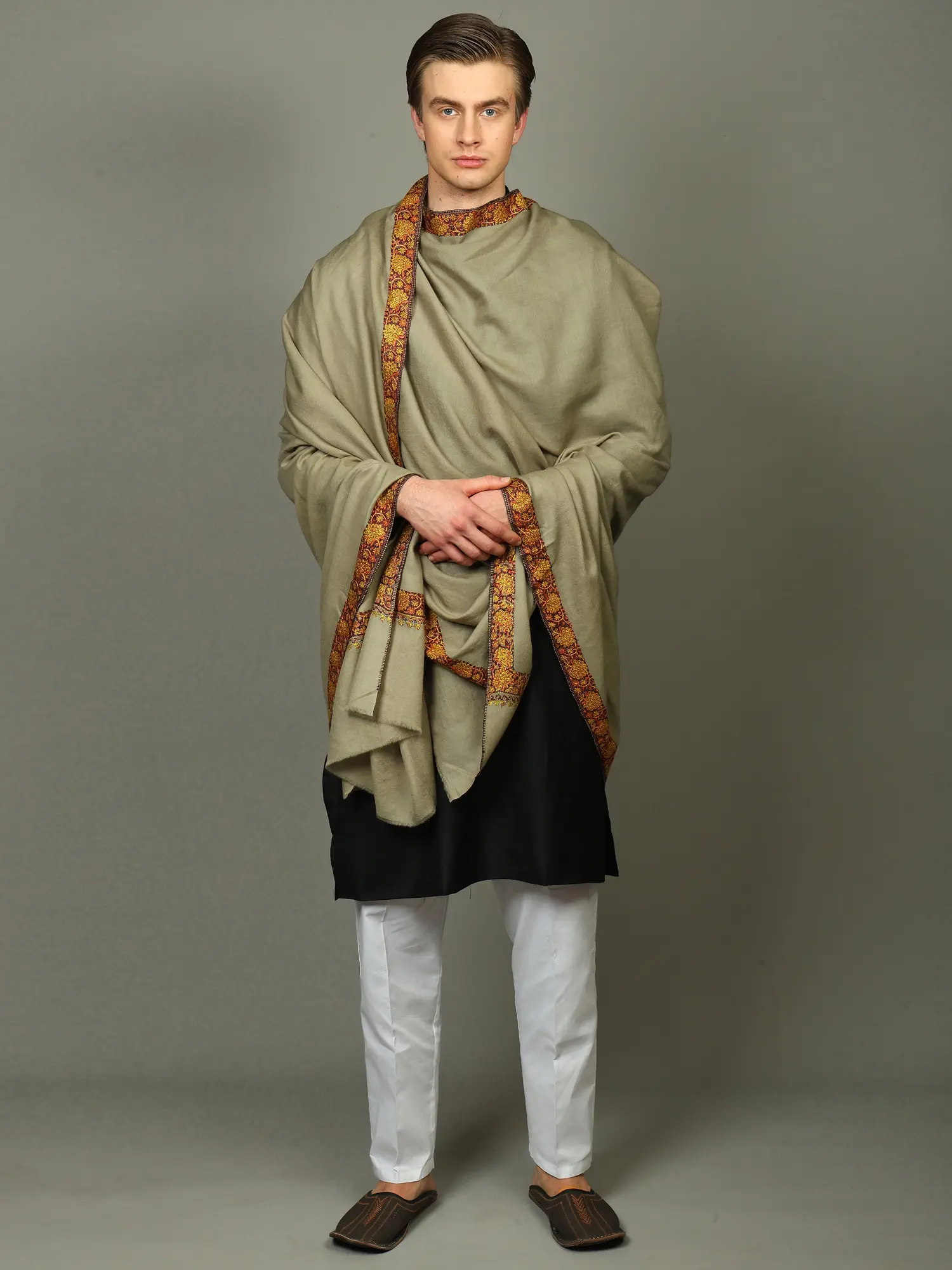 Pure Wool Men's Shawl from Kashmir with Floral Sozni Hand Embroidered Border