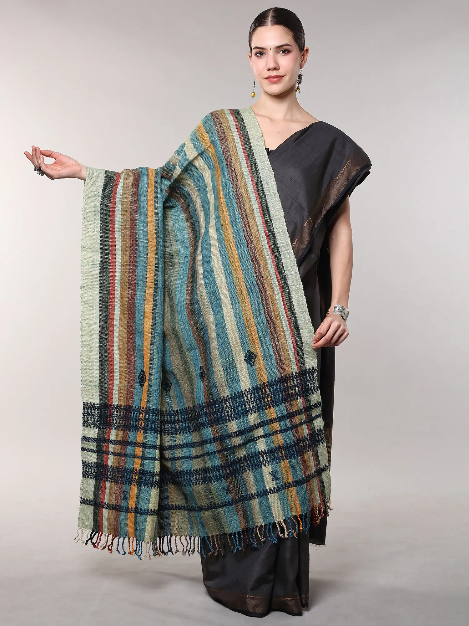Multicolor Stripe Woven Coarse Wool Shawl from Kutch