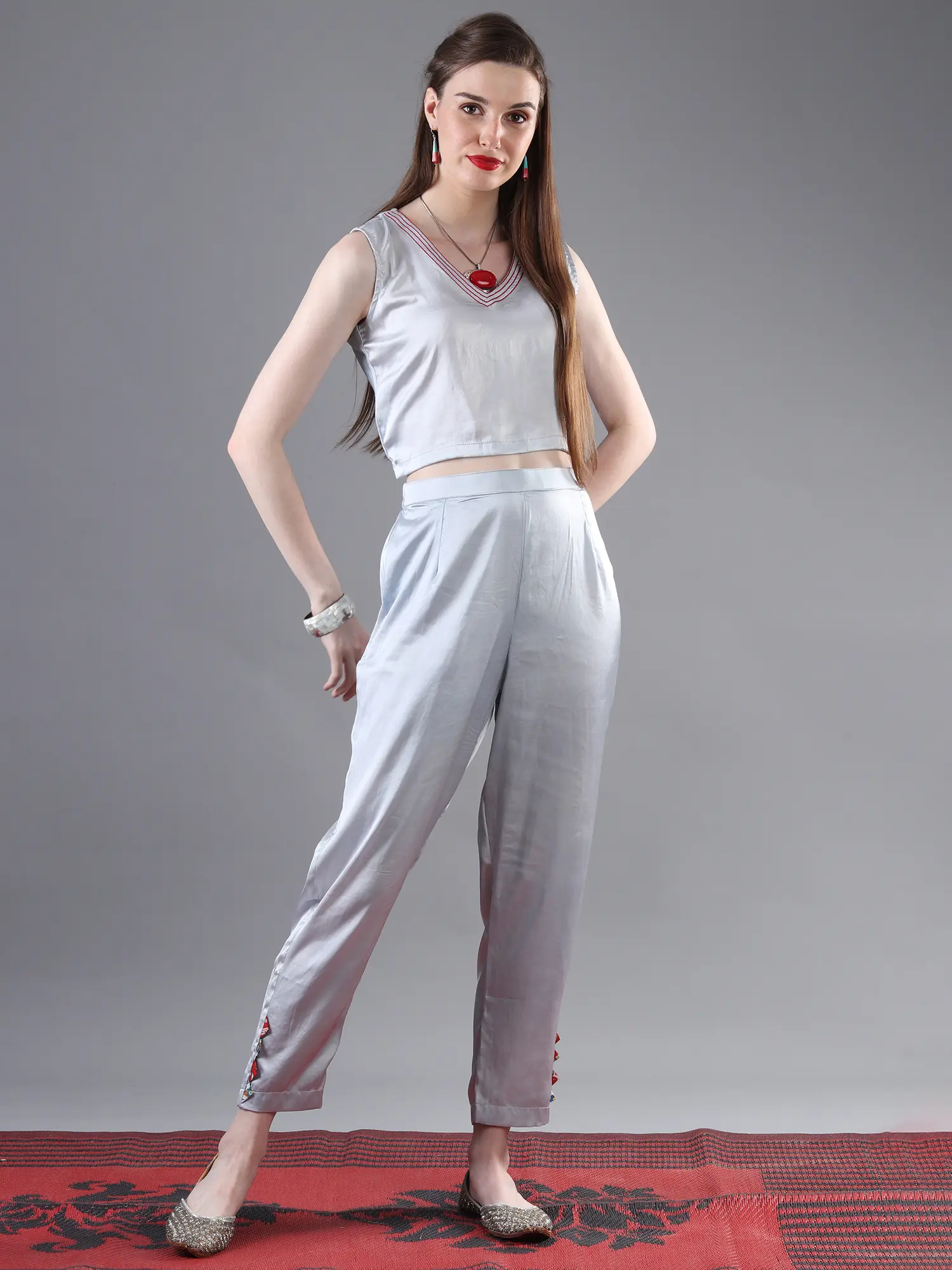 Three Piece Set Cotton Multicolor Kalka Printed Long Jacket With Silver-Grey Satin Crop-top And Pant, alternate view