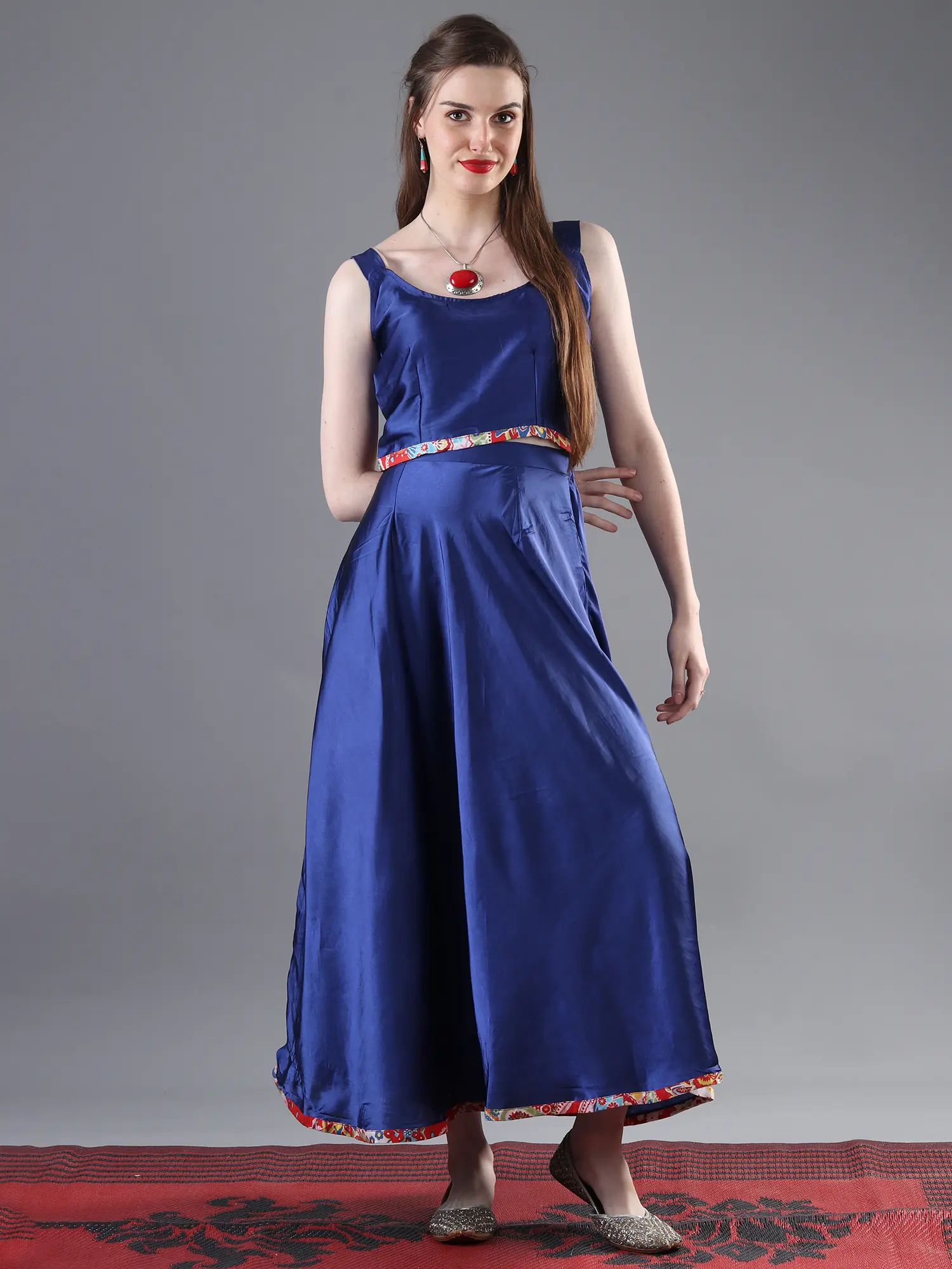 Multicolor Kalka Printed Cotton Notch Collar Long Jacket With Royal-Blue Satin Crop-top And Skirt - Three Piece Set, alternate view
