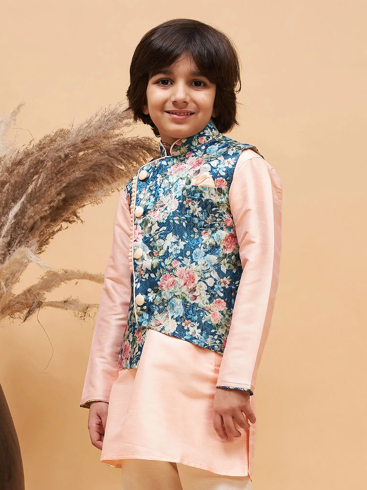 Blue Silk Blend Floral Print Straight Fit Modi Jacket, alternate view