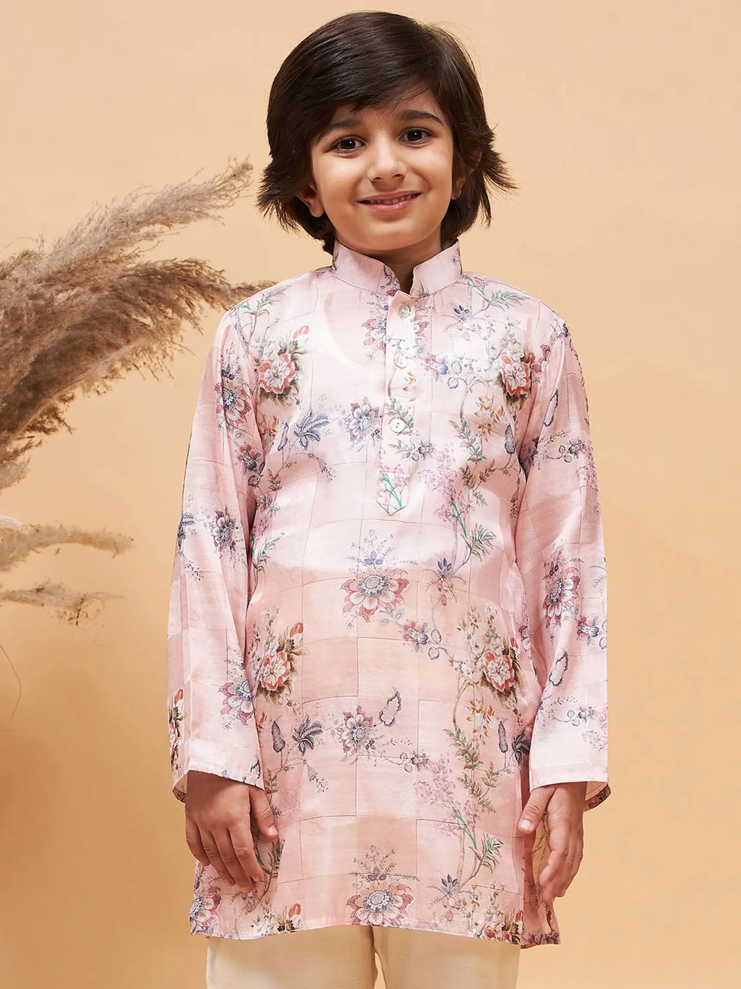 Pink Silk Blend Check Box Pattern Floral Printed Kurta