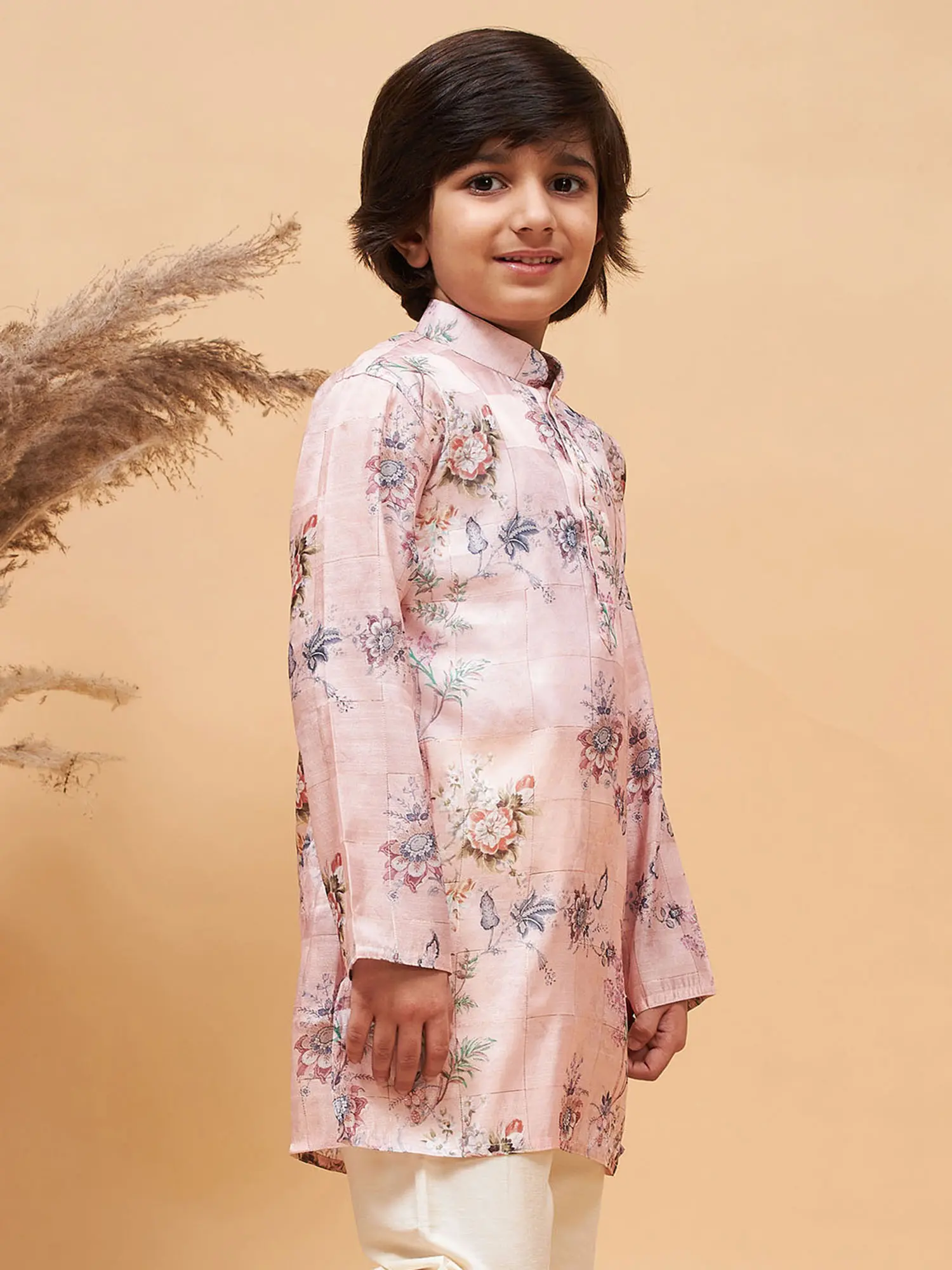 Pink Silk Blend Check Box Pattern Floral Printed Kurta, alternate view