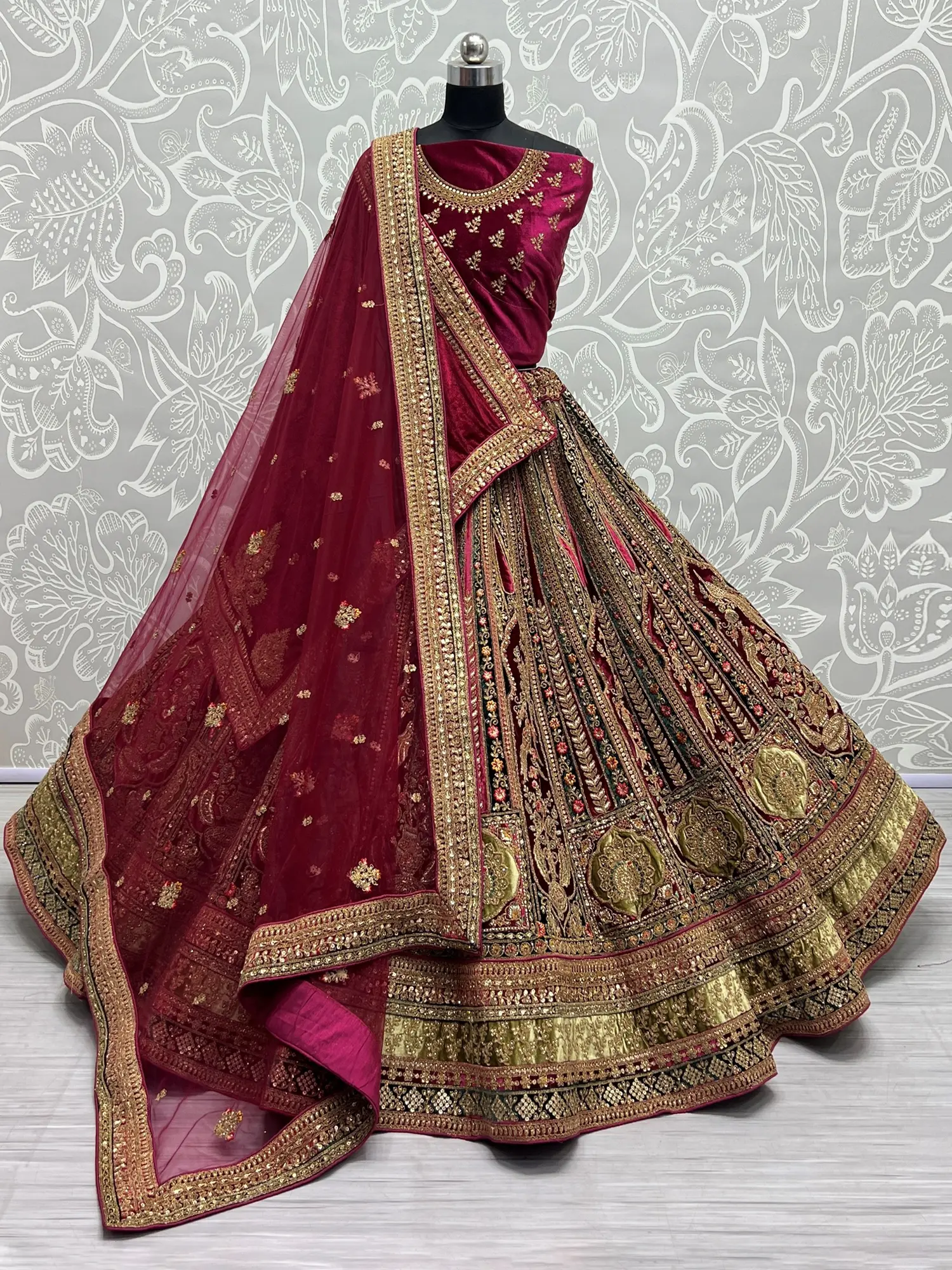 Multicolor Velvet Peacock-Floral Laddi Pattern Bridal Lehenga Choli With Sequins, Dori, Zari, Zircon Diamond Work All-Over And Soft Net-Velvet Double Dupatta
