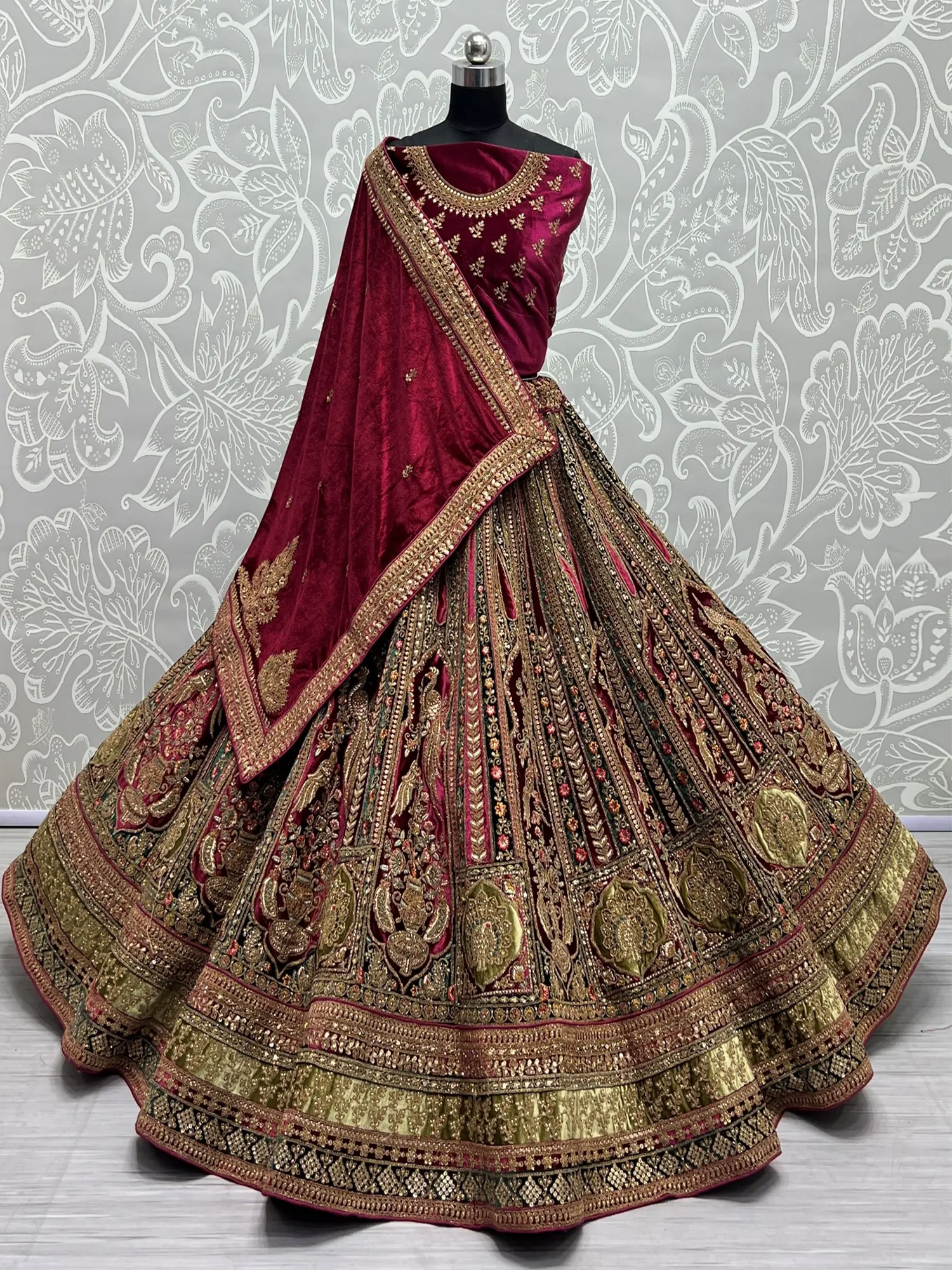 Multicolor Velvet Peacock-Floral Laddi Pattern Bridal Lehenga Choli With Sequins, Dori, Zari, Zircon Diamond Work All-Over And Soft Net-Velvet Double Dupatta, alternate view