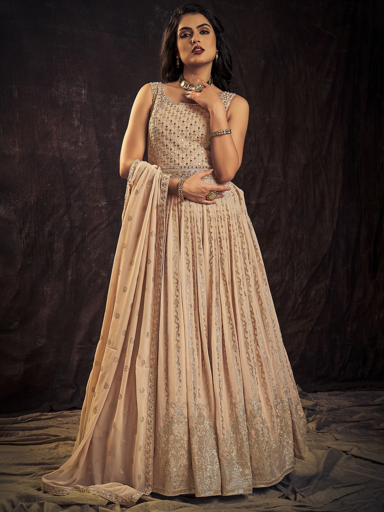 Buy Anarkali Gown Peach Jacquard Indian Plus Size Dresses Online for Women  in USA