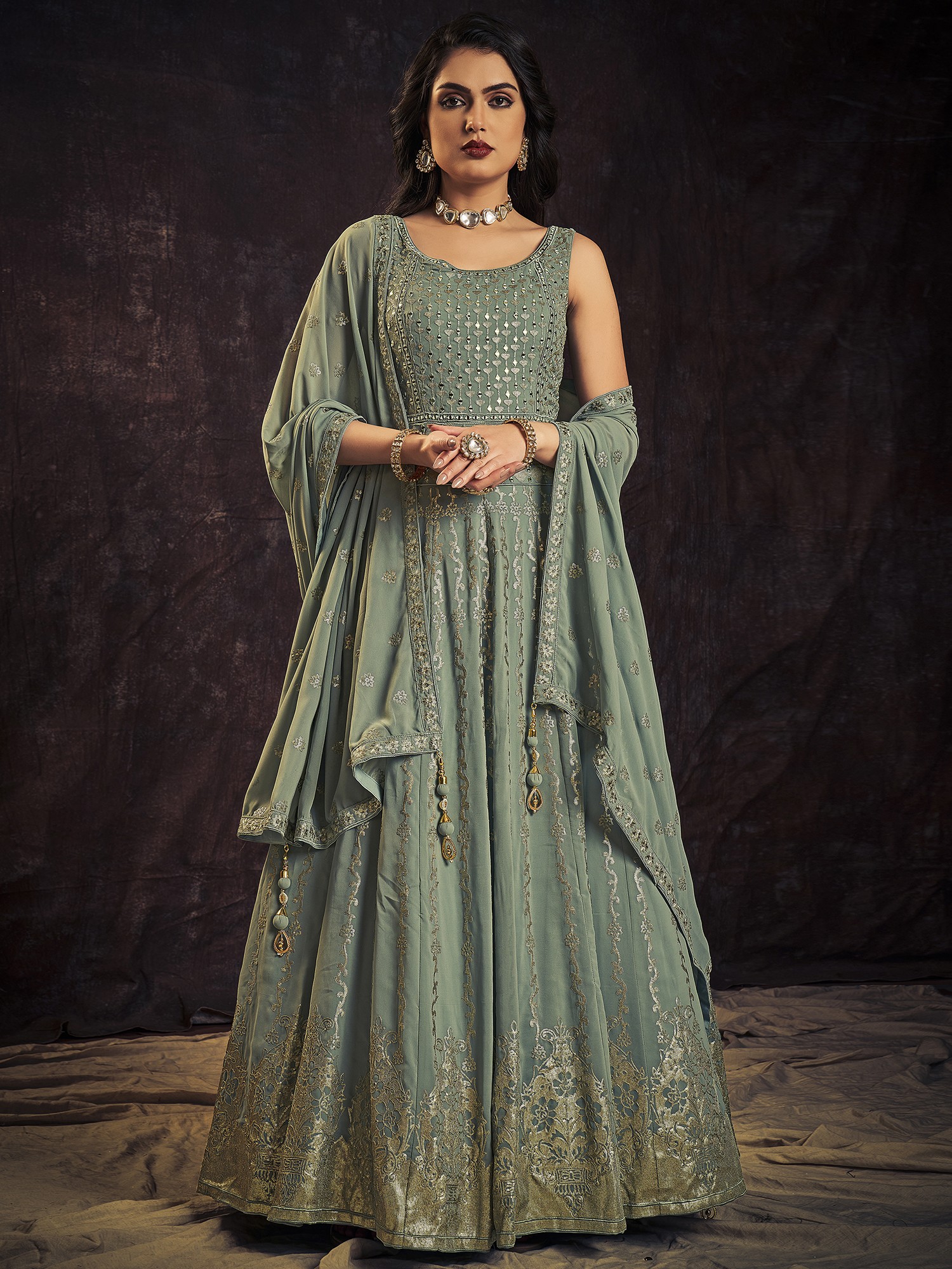 Exquisite Georgette Fabric Party Style Gown With Dupatta In Rani Color