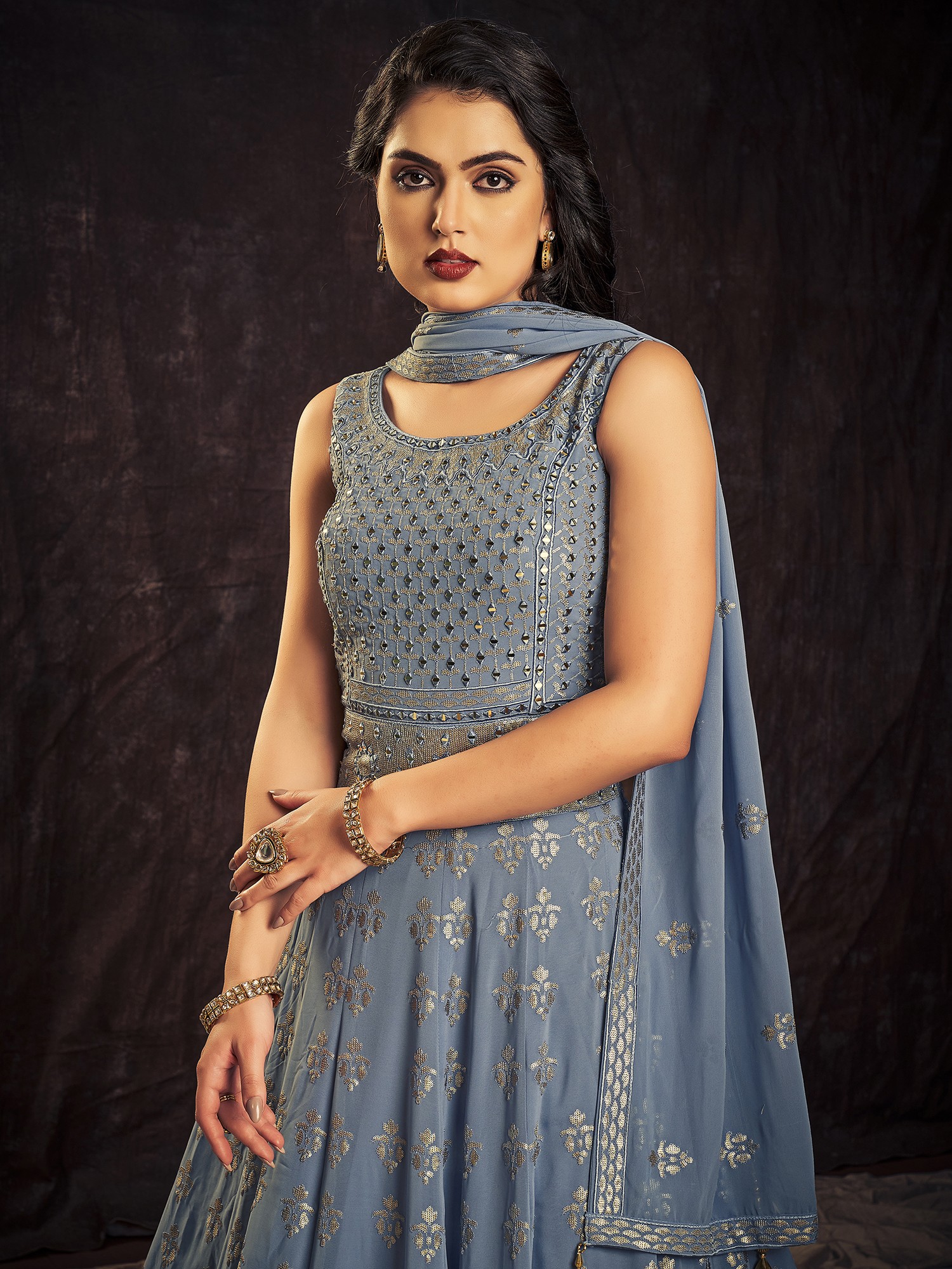 Blue Georgette Phool Butta Motif Anarkali Style Gown With Sequins ...