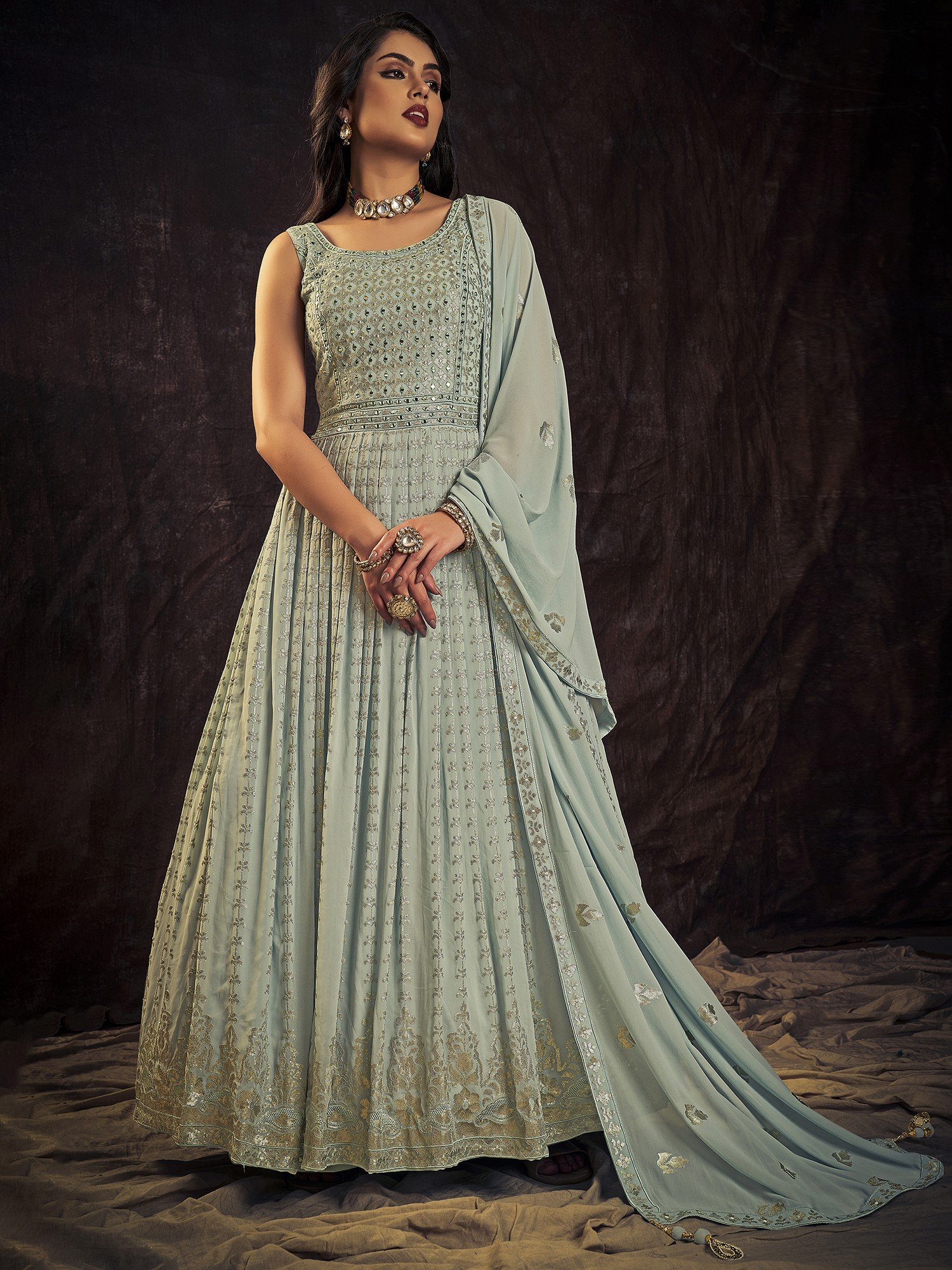 Buy Blue Georgette Stand Collar Embellished Anarkali Gown With Dupatta For  Women by Shloka Khialani Online at Aza Fashions.