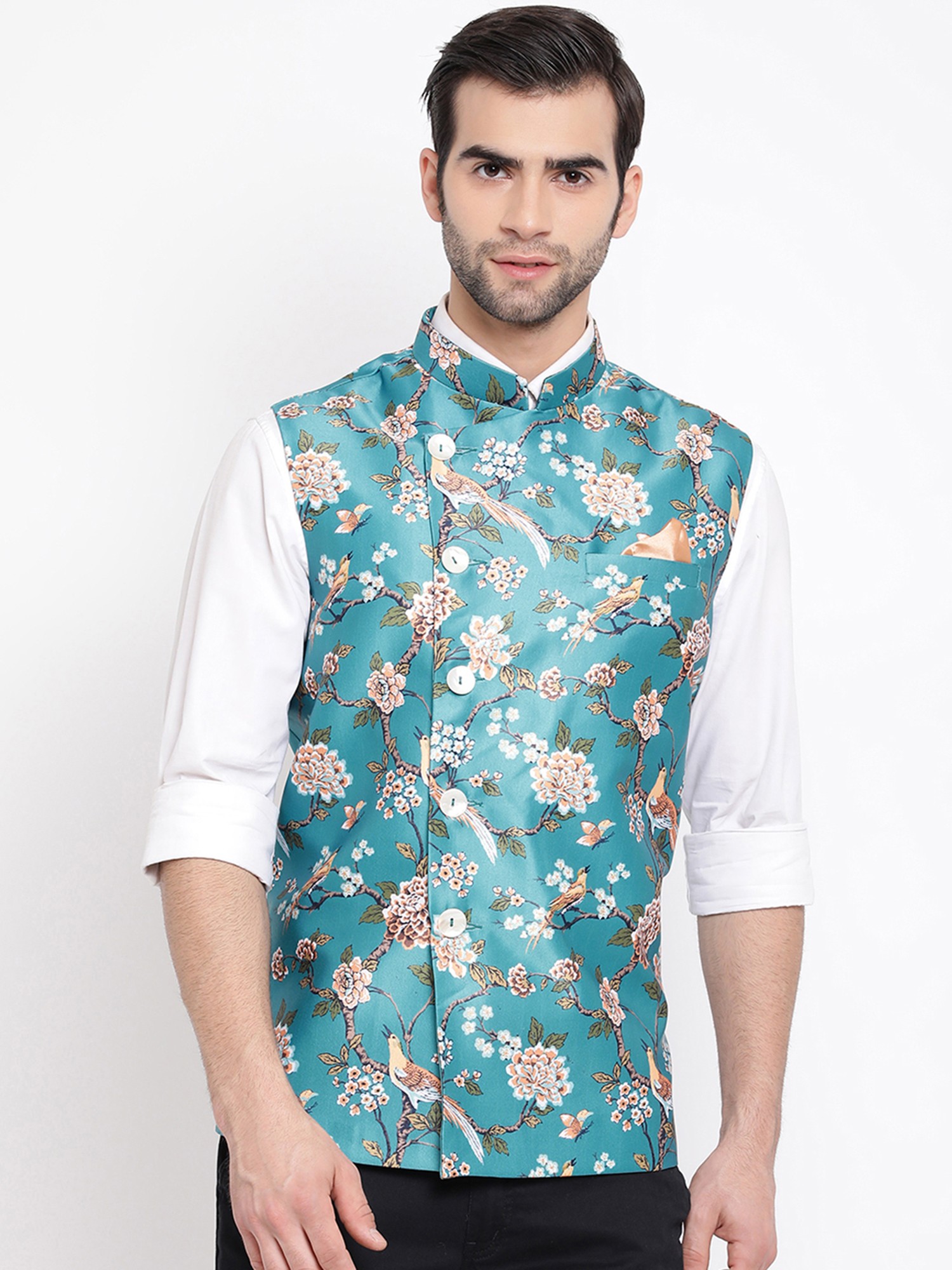 Mens Yellow Cotton Floral Print Nehru Jacket – Spring Break