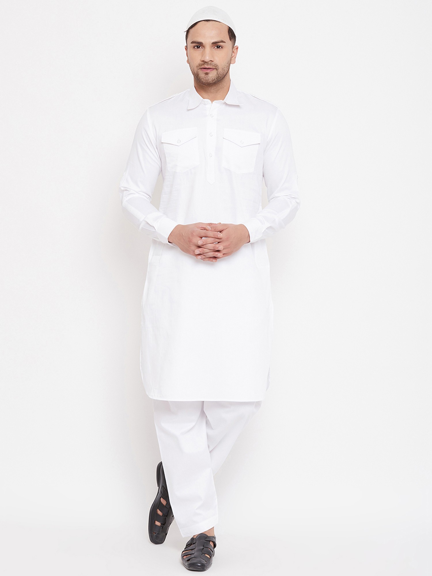 Cotton Blend Pathani Style Cream Cuff Kurta Pajama with Prayer Cap ...
