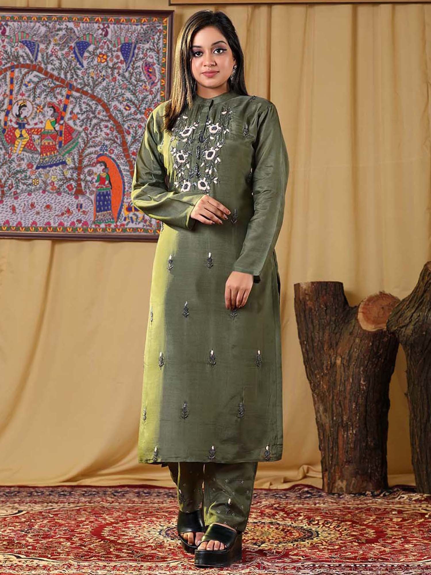 Buy Lemon Yellow And Olive Green Printed Kurta With Tights And Dupatta  Online - Shop for W