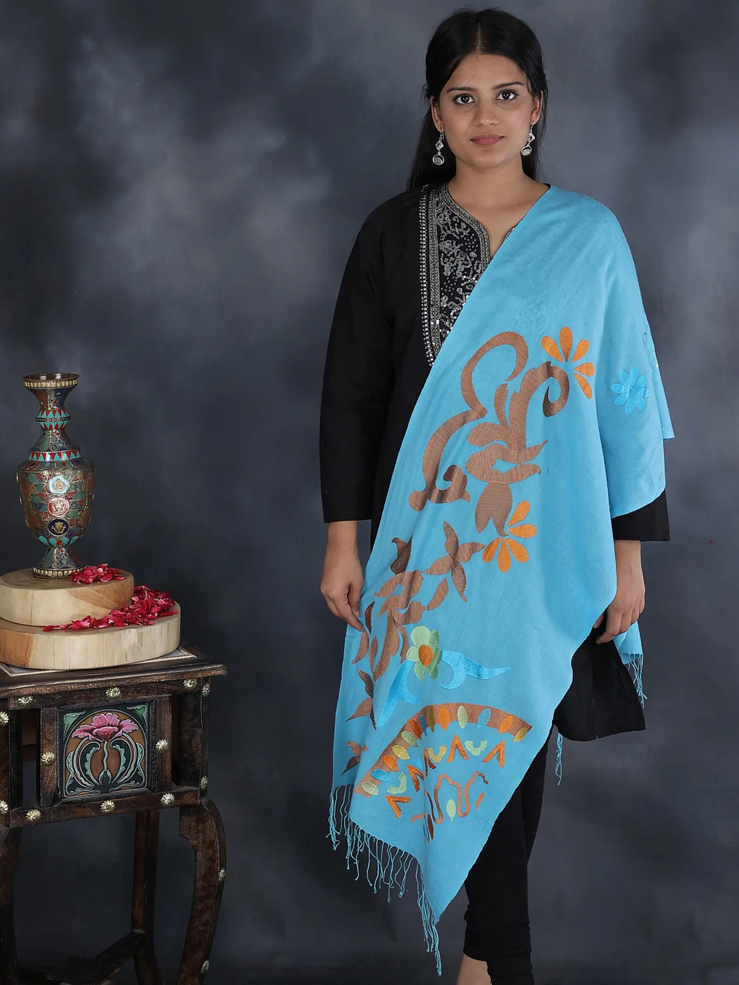 Sky-Blue Stole Designed with Contemporary Design-Motifs