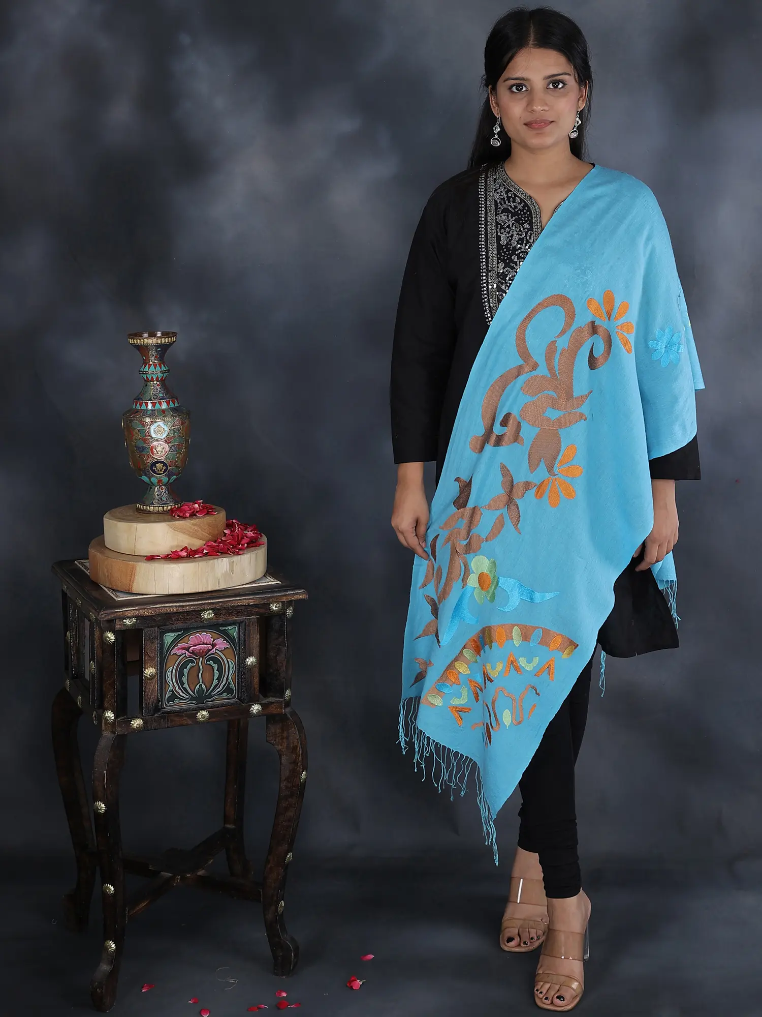 Sky-Blue Stole Designed with Contemporary Design-Motifs, alternate view