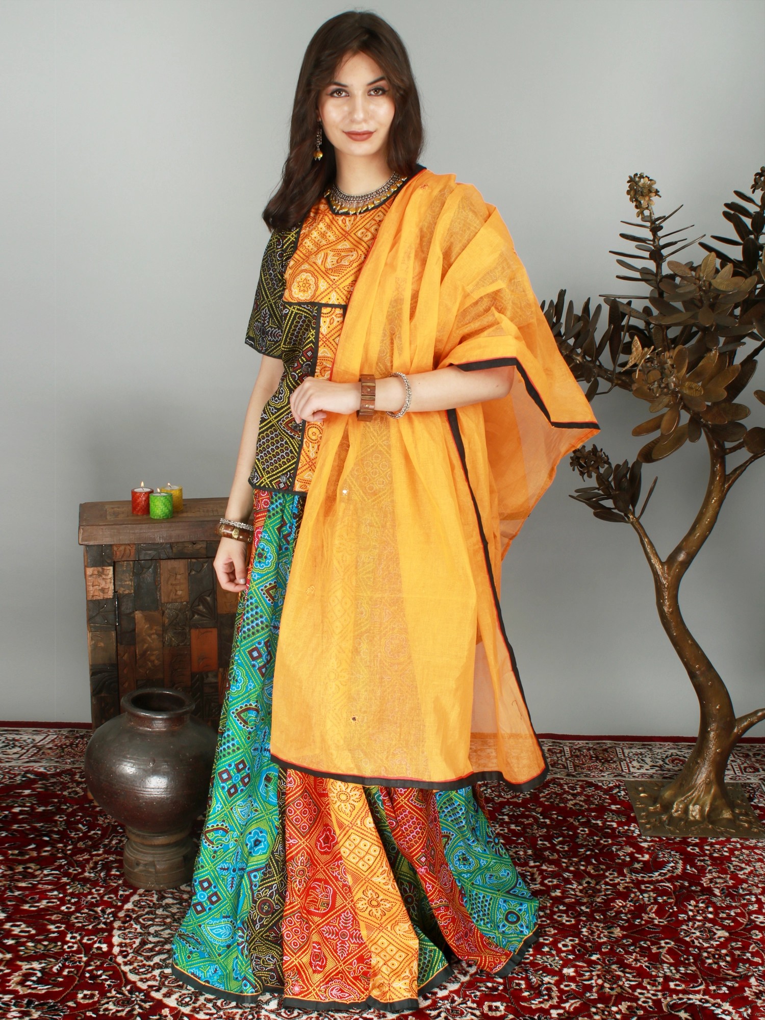 Multi-Color Ghagra Choli from Rajasthan with Mirrors and Chunri Print ...