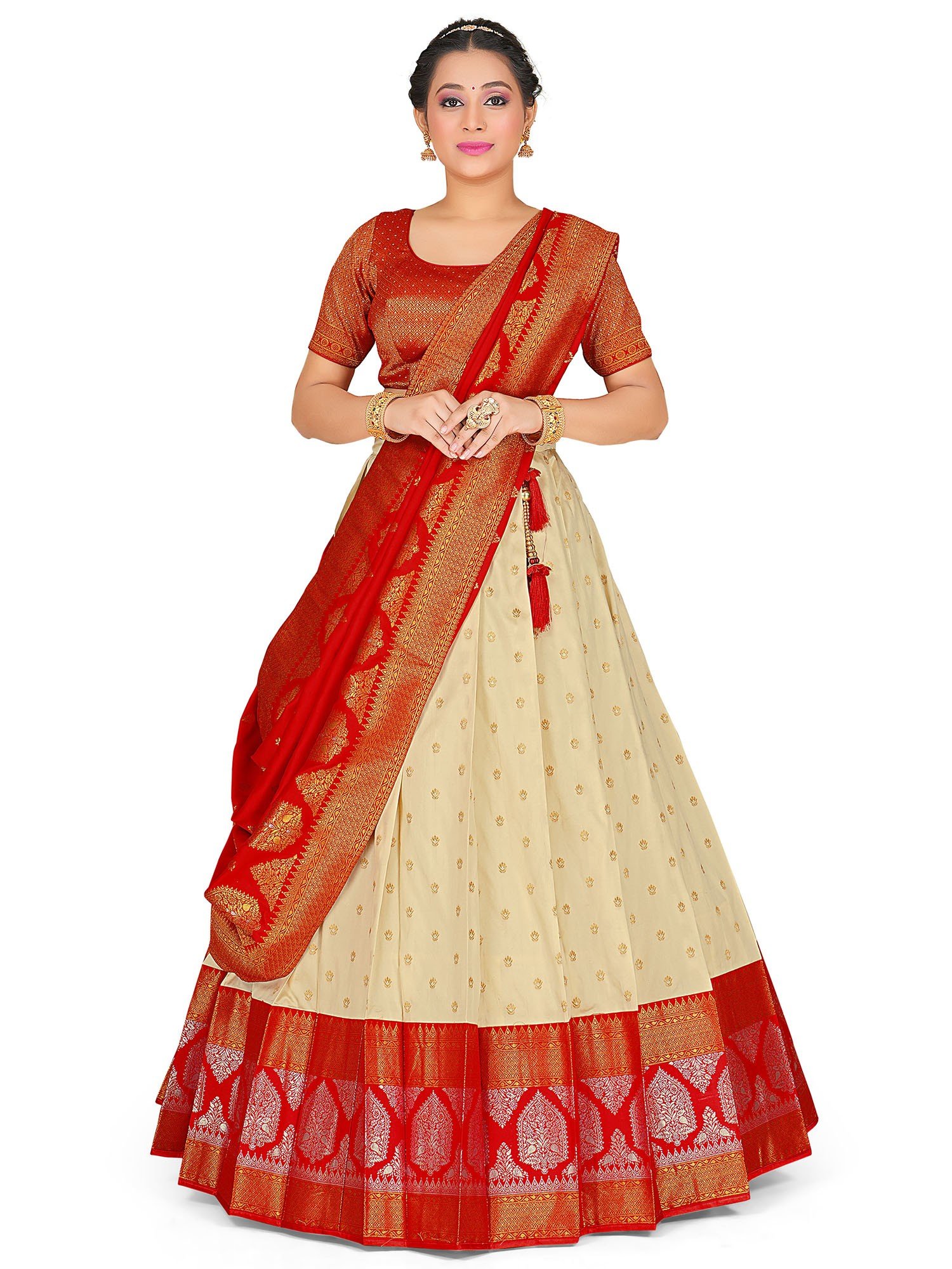 Eid Special Incredible Cream-Red Color Wedding Wear Designer Fancy Fabric  Embroidered Lehenga Saree