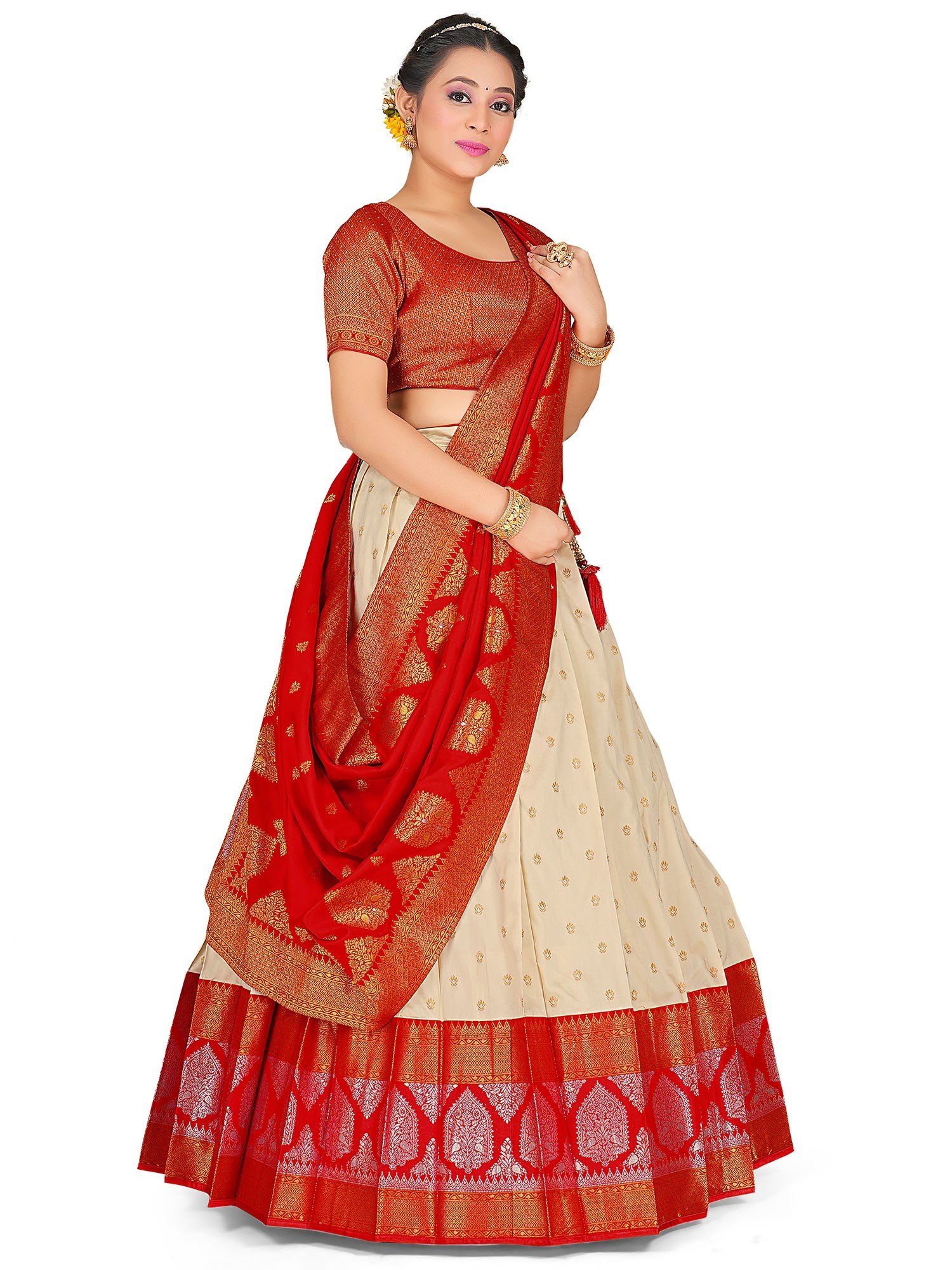 Bride in White and Maroon Half Saree - Saree Blouse Patterns