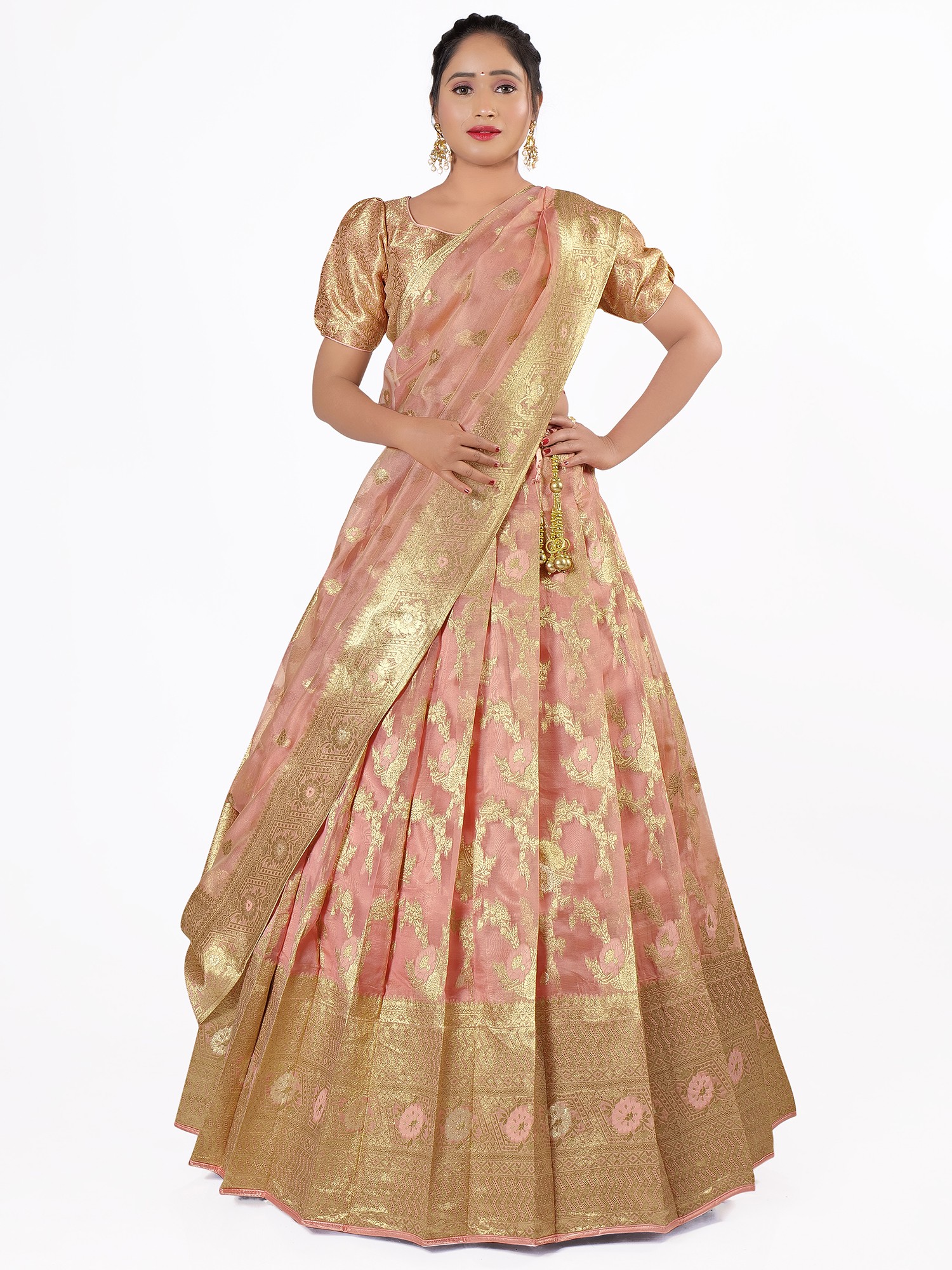 Green & Pink Banarasi Jacquard Silk Half Saree Lehenga – Shopgarb Store