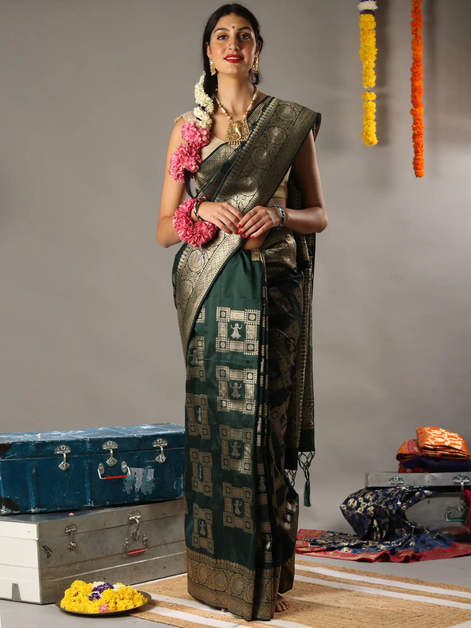 Greener Pastures Banarasi Silk Handloom Saree with Tassel Pallu