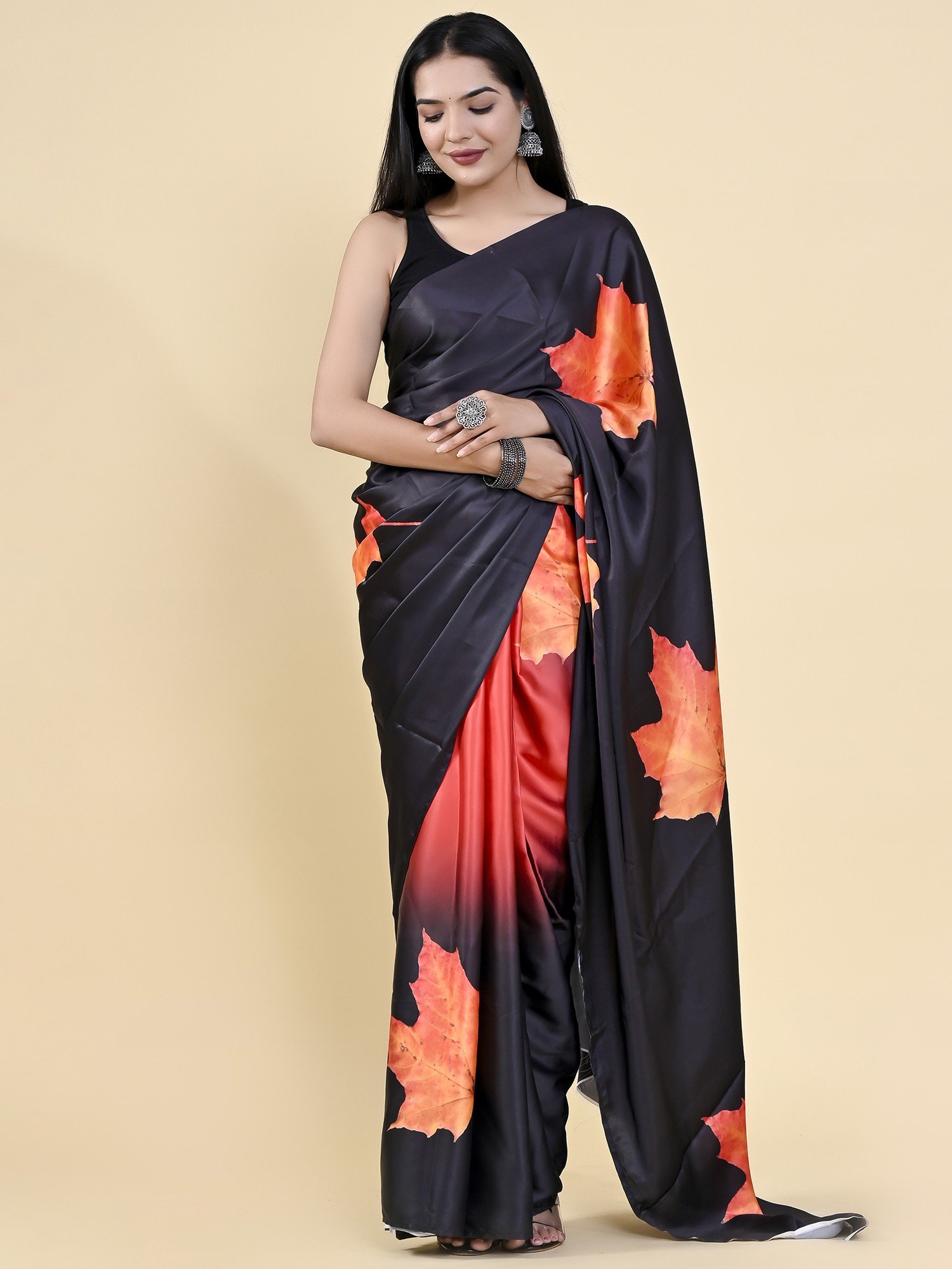 Black Chinar Leaf Digital Printed Heavy Satin Silk Saree with Matching ...