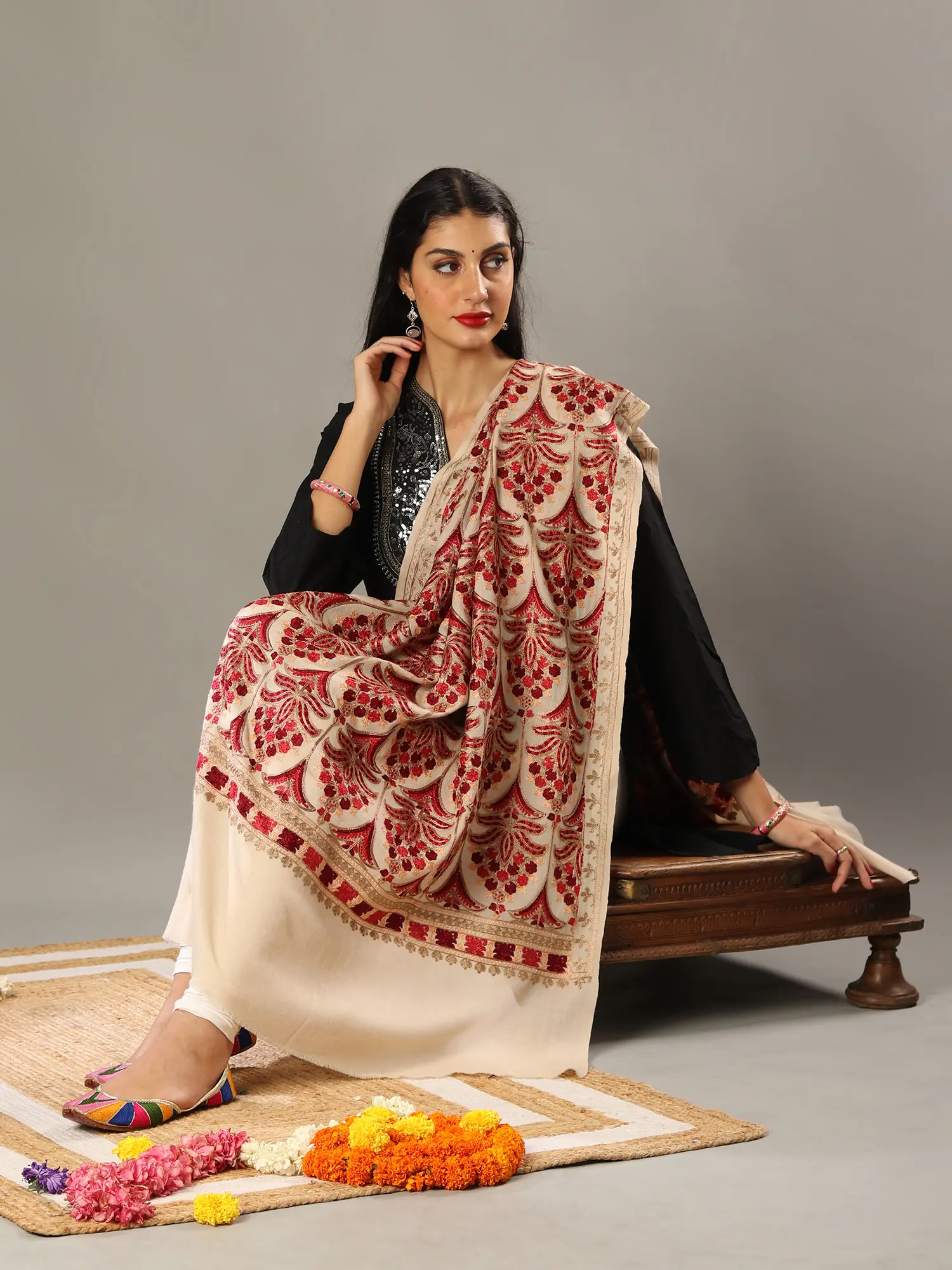 Amritsari Chain Stitch Satin Aari Embroidered Mughal Motif Pure Wool Shawl