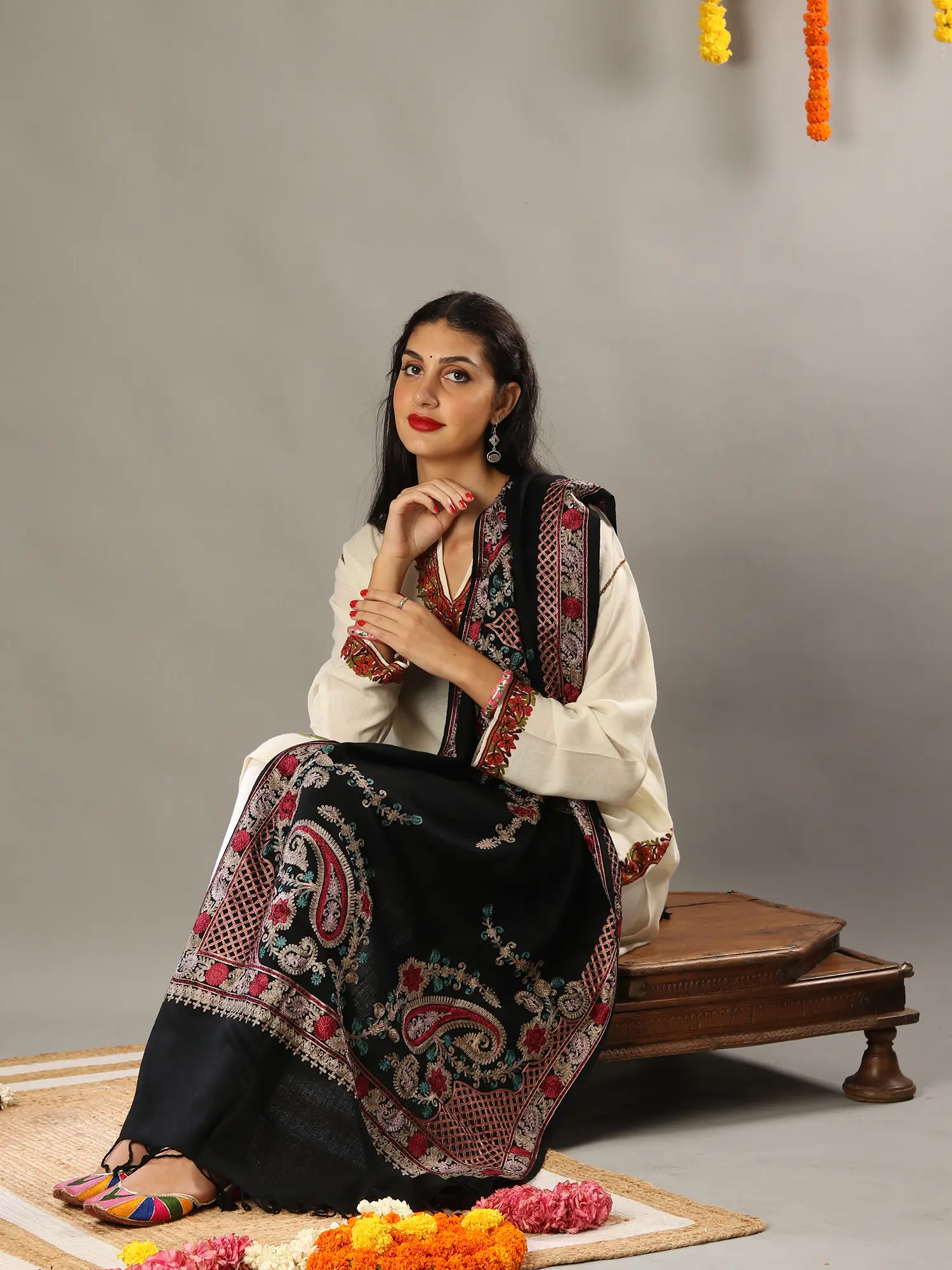 Aari Embroidered Black Fine Wool Stole with Detailed Multicolored Traditional Kashmiri Motifs and Tassels, alternate view
