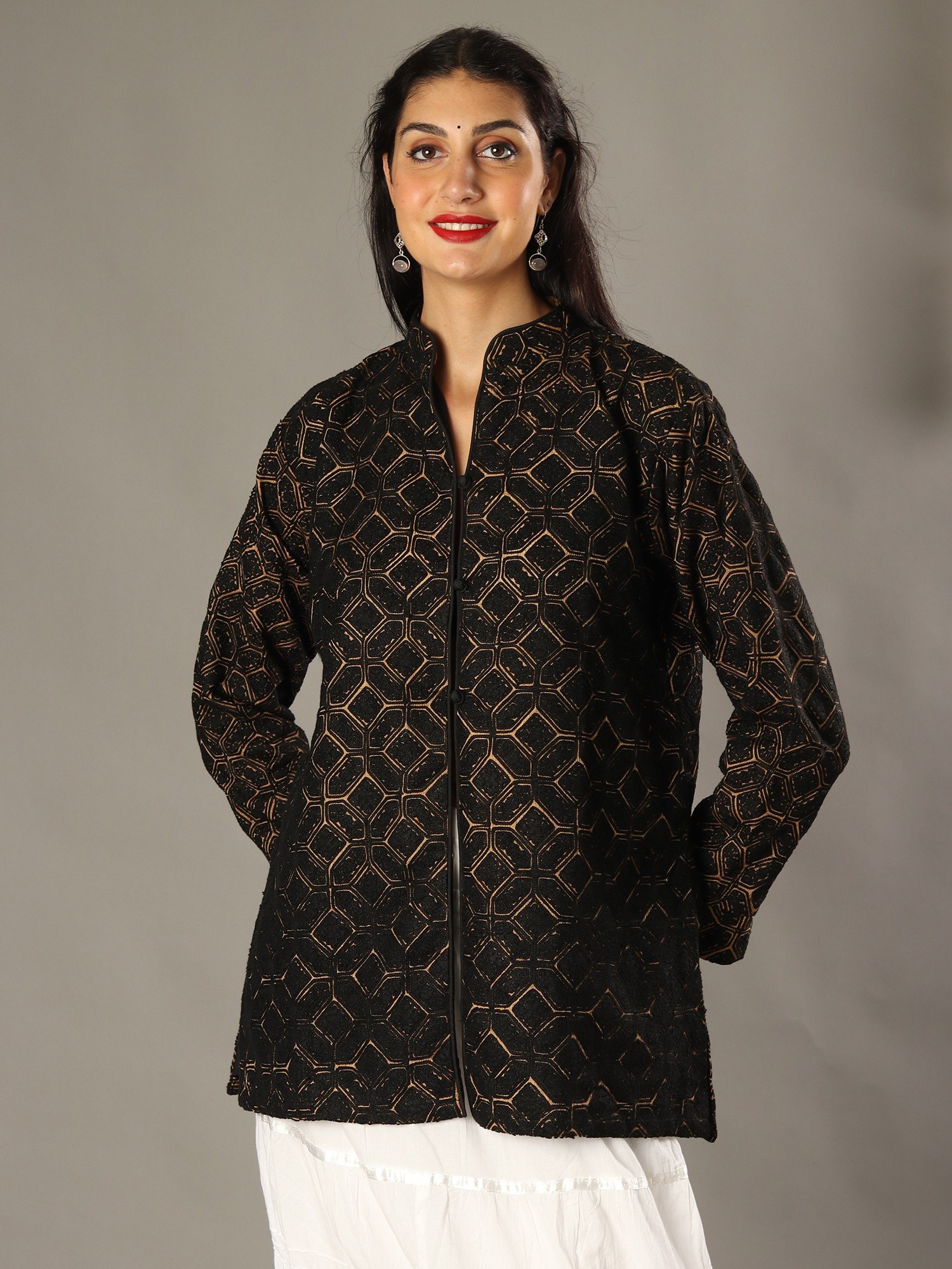 Kashmiri Short Jacket with Floral Work in Silk - Kasheer Online