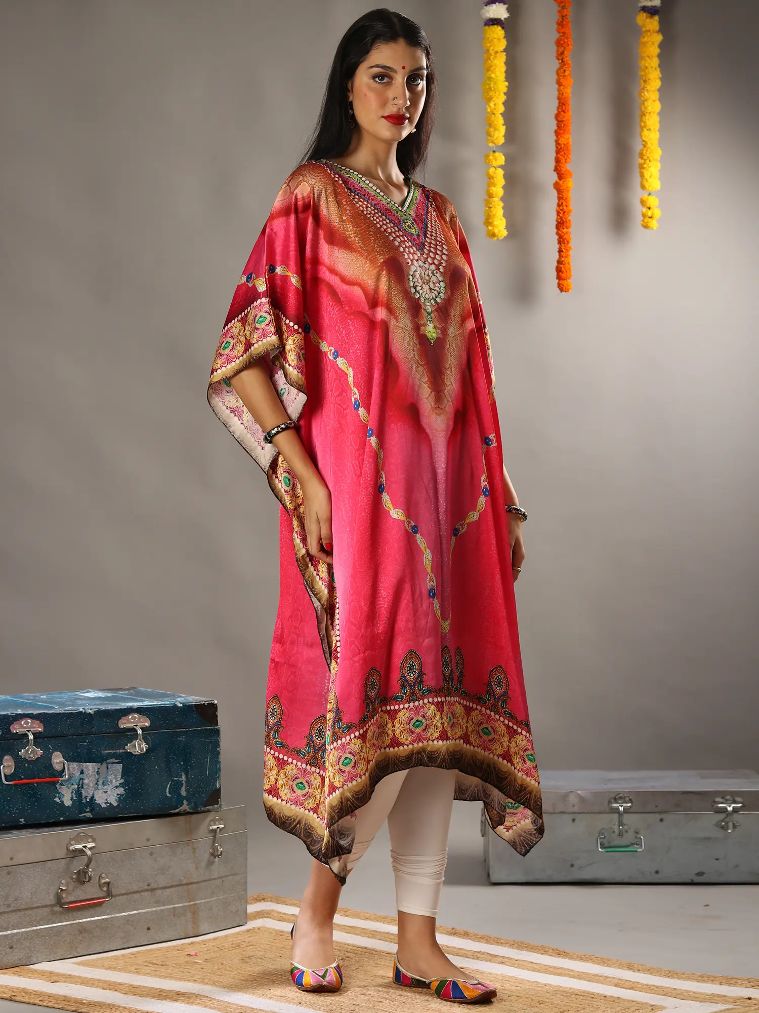 Mediterranian Multicolored Print Fuscia Pink Satin Kaftan with Studded work on the Neck, alternate view