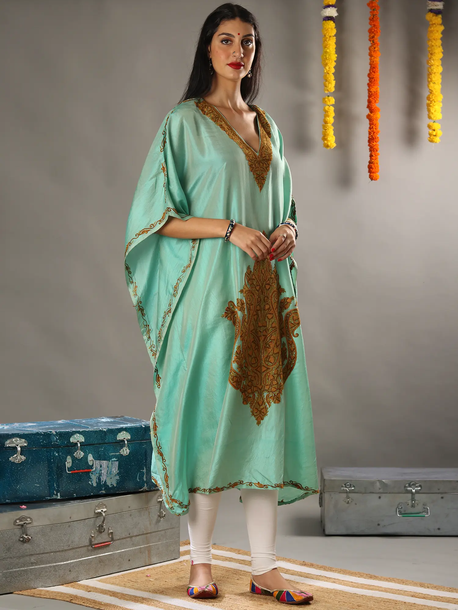 Aari Floral Embroidery Turqouise Satin Kaftan with Detailed Colorful Traditional Kashmiri Motifs, alternate view