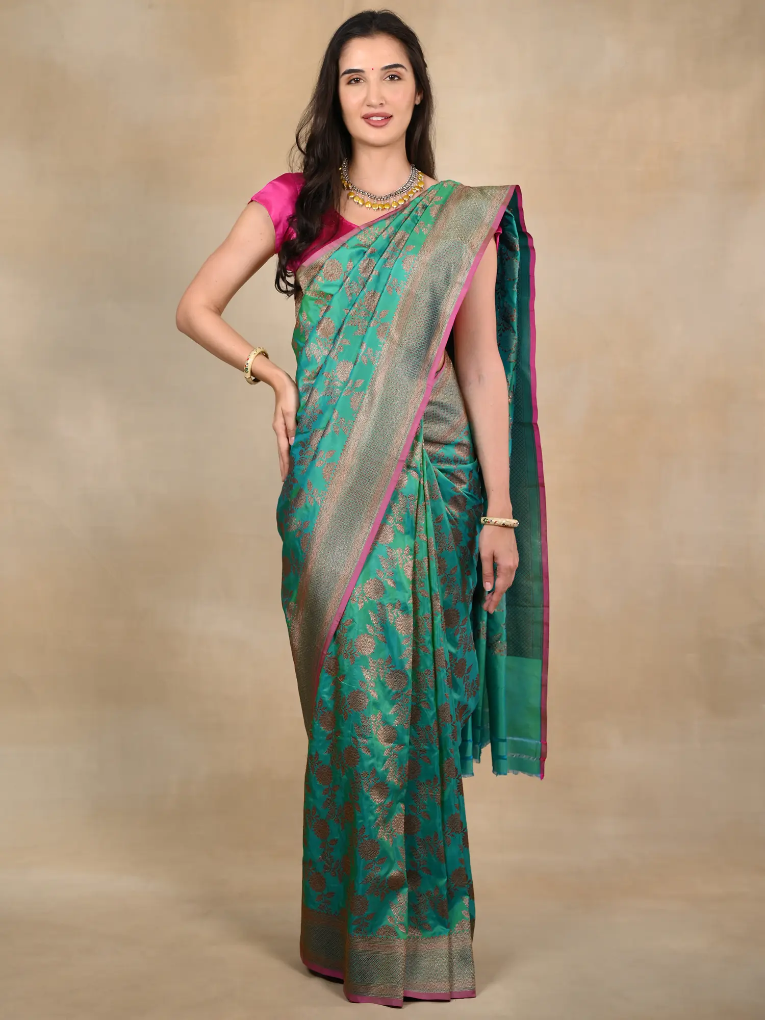 Sea Green Banarasi Saree with Magenta Pink Border and Golden Zari Motifs, alternate view