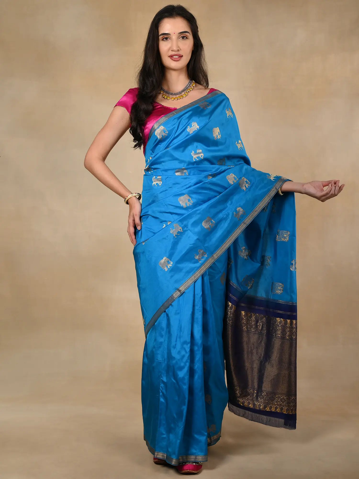 Royal Blue Pure Silk Banarasi Saree with Zari Border Traditional Motifs, alternate view