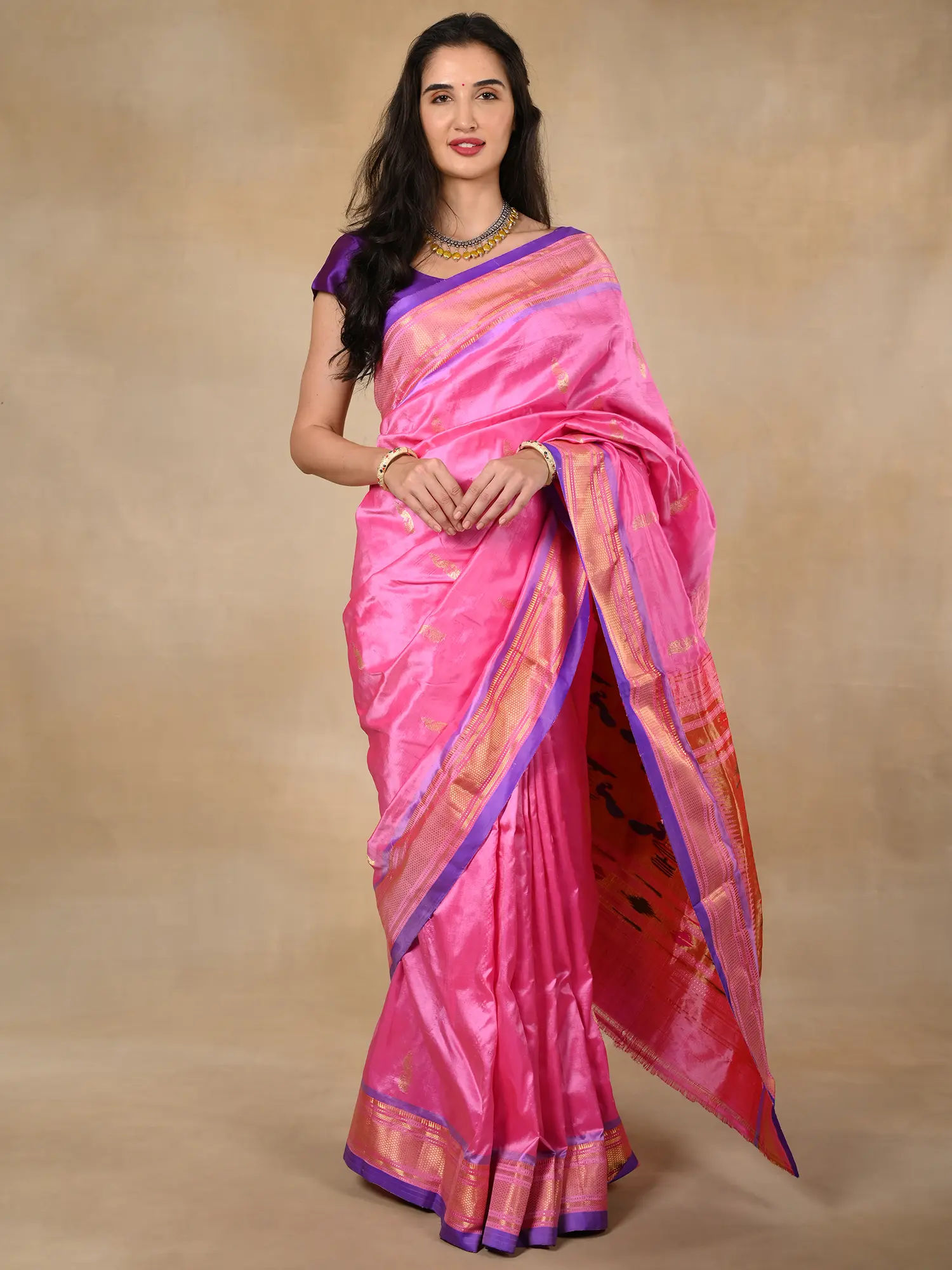 Vintage Pink Pure Silk Paithani Saree with Lavender Zari Border Traditional Big Mor Butta and Mor Kunda Motifs