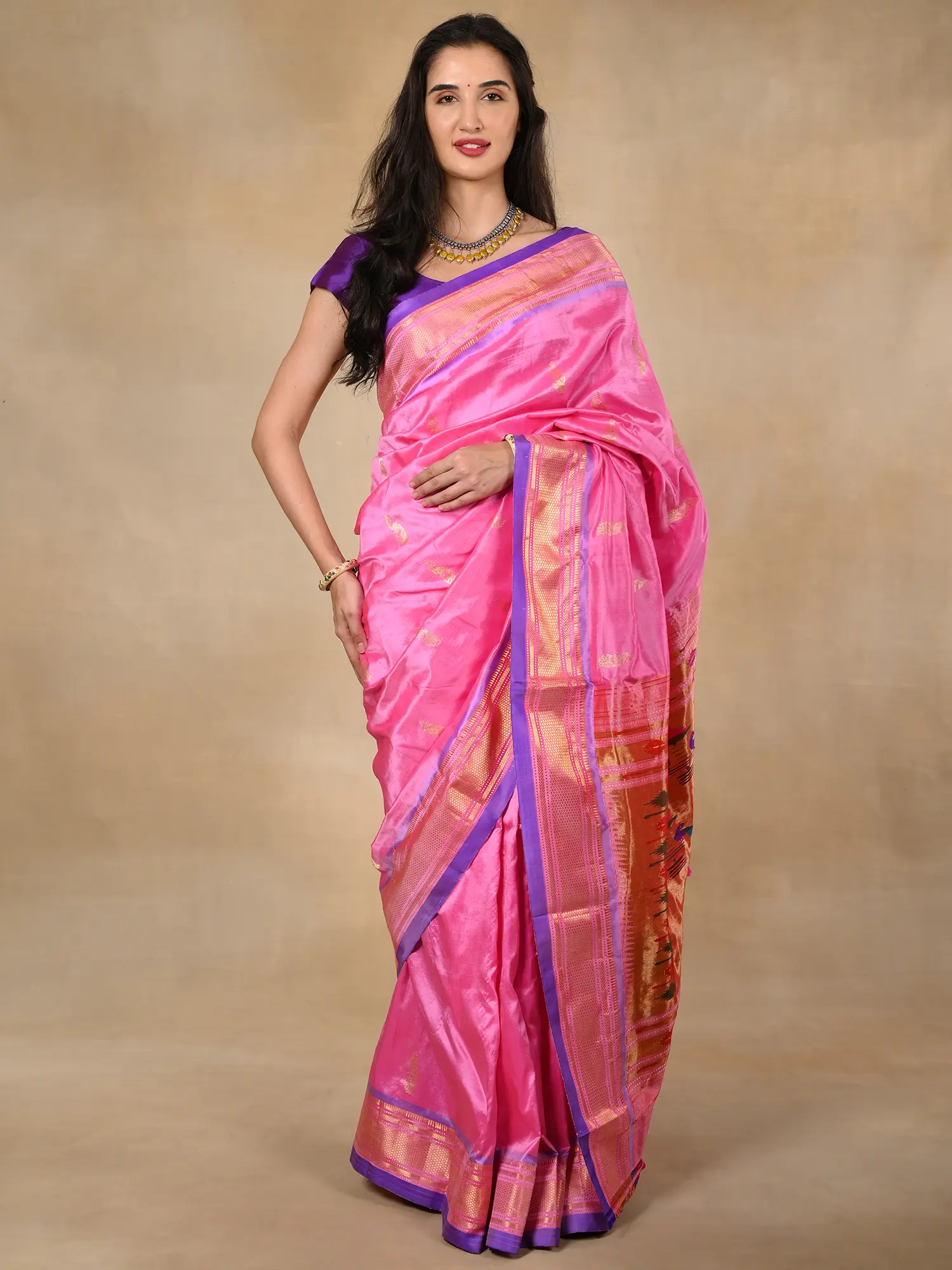 Vintage Pink Pure Silk Paithani Saree with Lavender Zari Border Traditional Big Mor Butta and Mor Kunda Motifs, alternate view