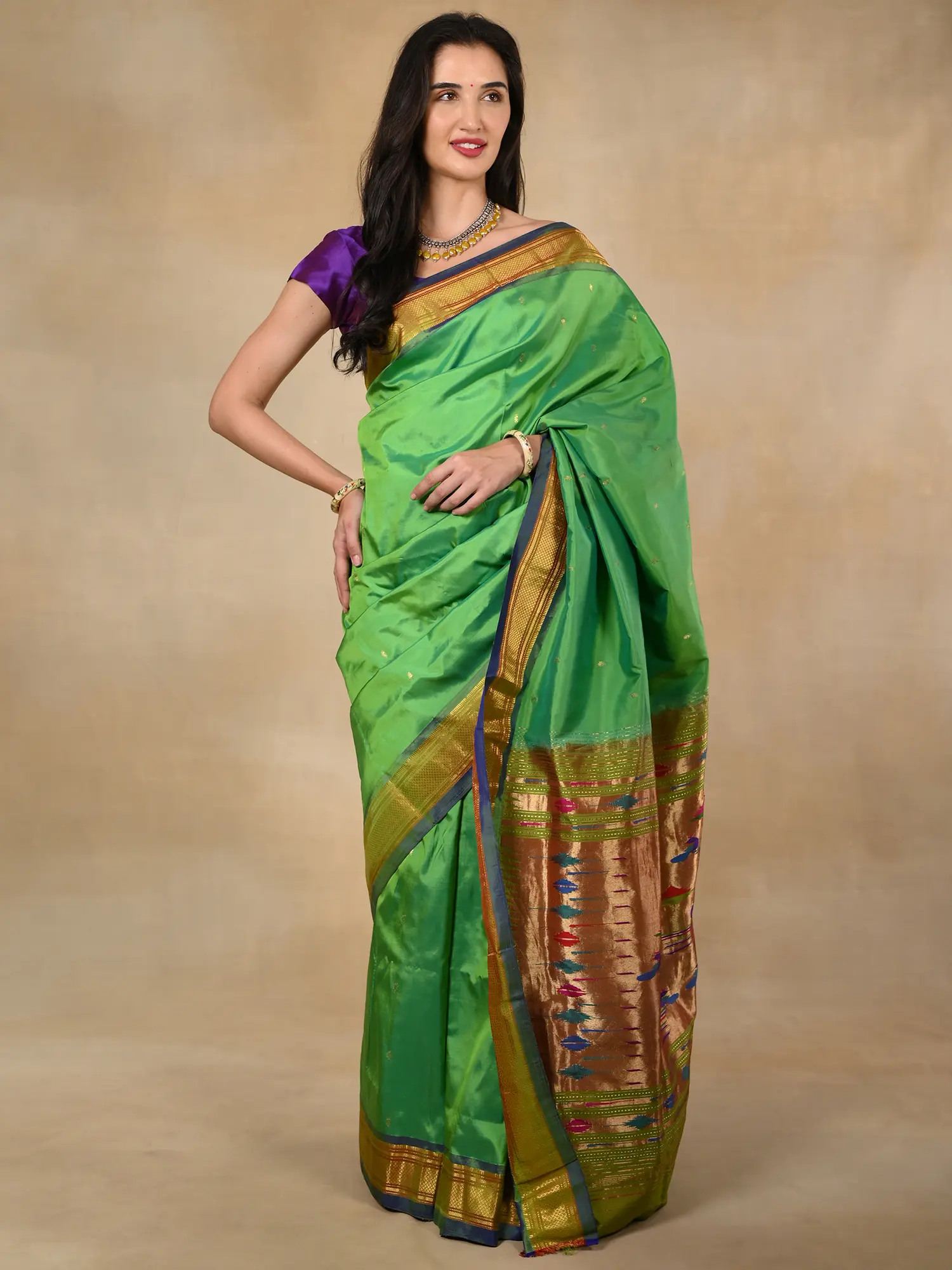 Parrot Green Silk Paithni Sari with Sheen Golden and Violet Border and Golden Zari Mor Big Butta, Kairi Butta and Mor Kunda Motifs, alternate view