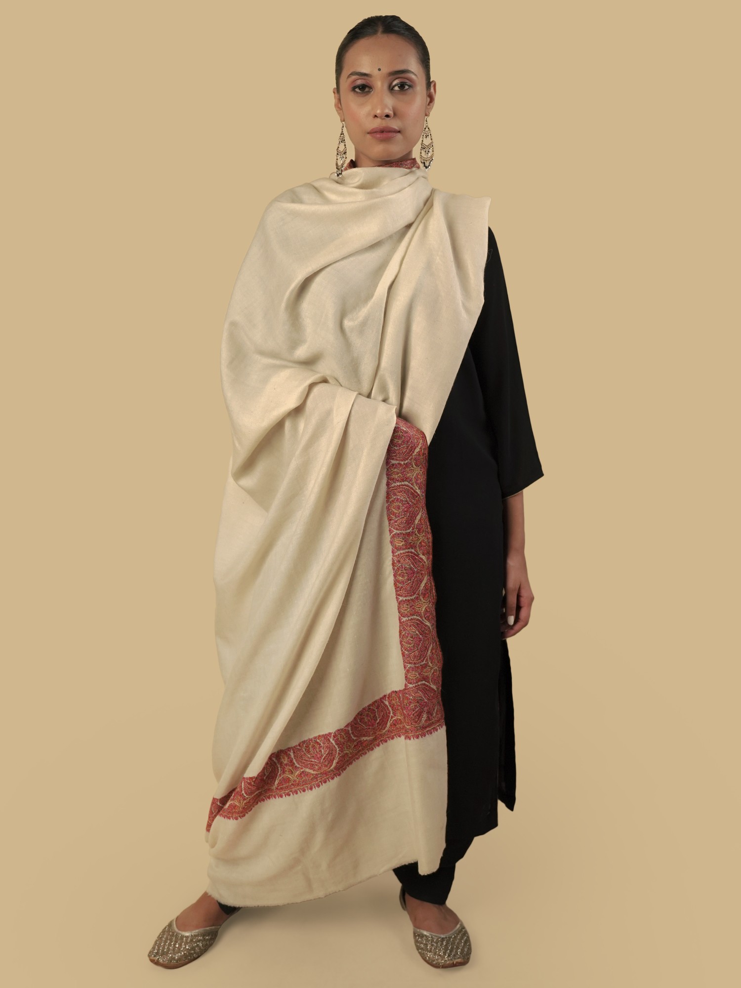 Pearled-Ivory Pure Pashmina Shawl from Kashmir with Soz - Off-White