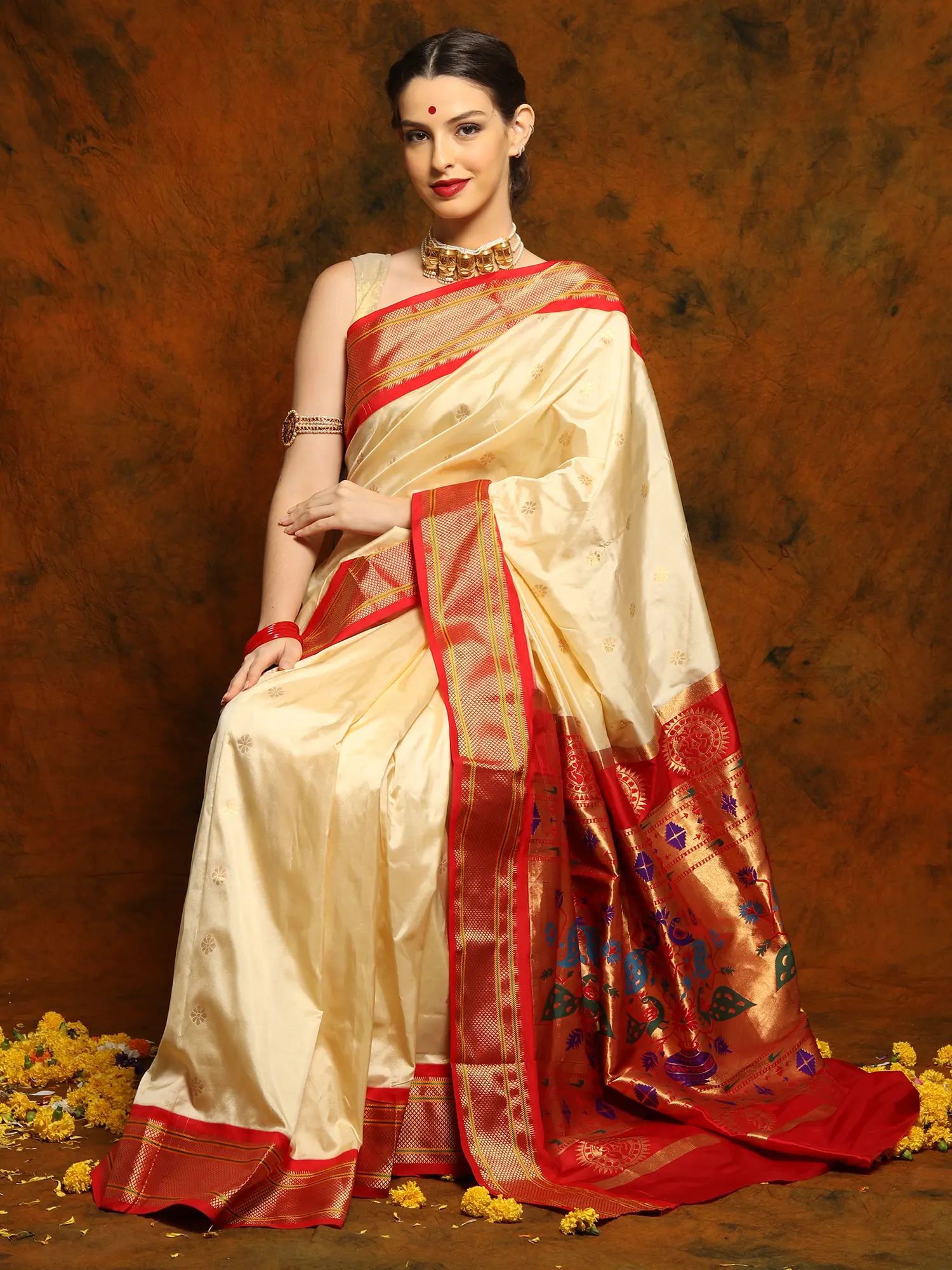Golden White Maharani Paithani Saree with Chattai Border and Zari Butta