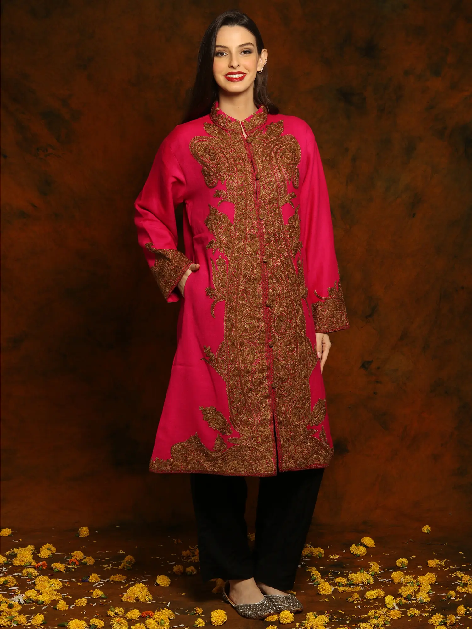 Kashmiri Magenta Pink Woolen Long Jacket with Detailed Floral and Paisley Aari Embroidery
