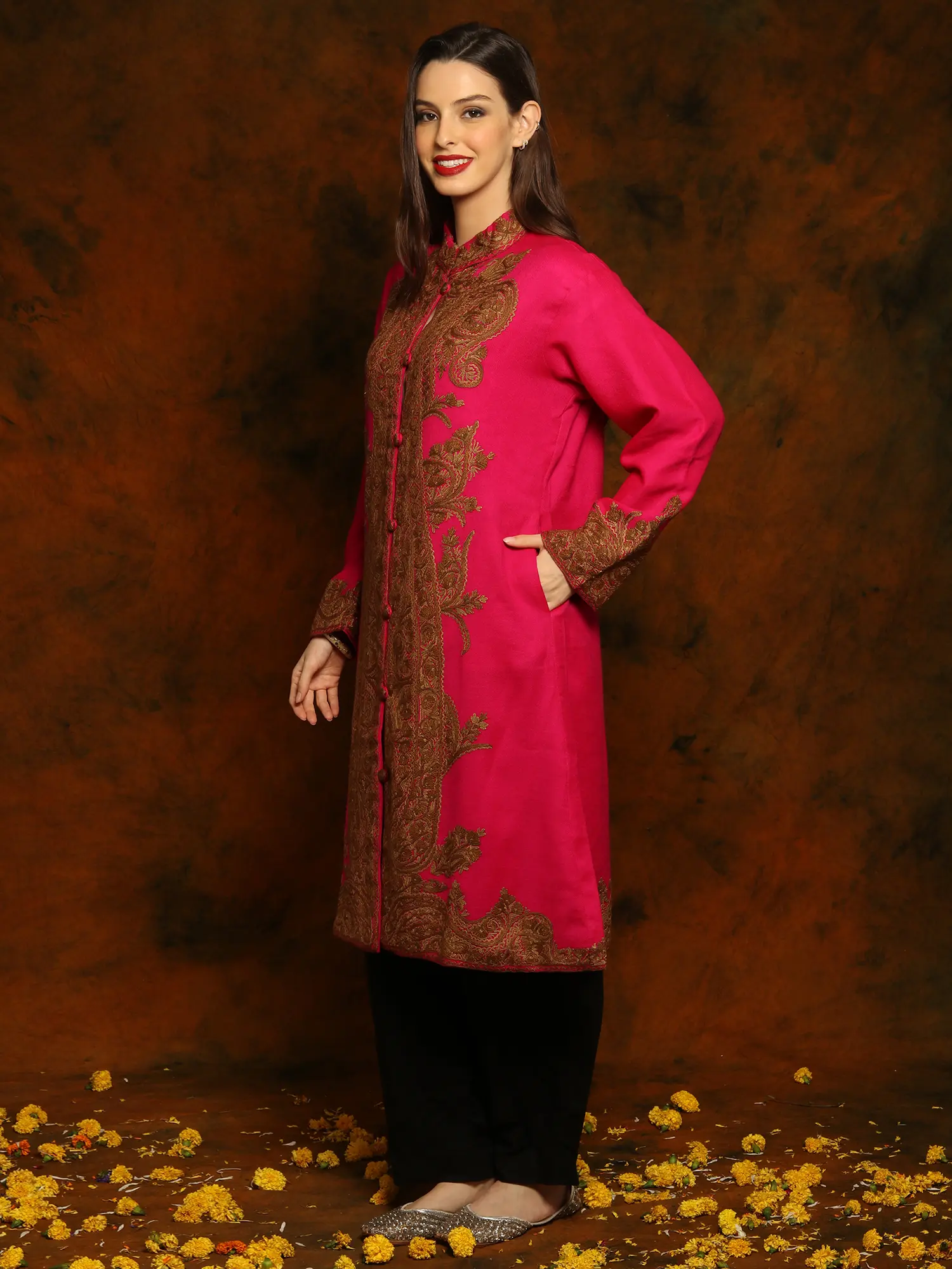Kashmiri Magenta Pink Woolen Long Jacket with Detailed Floral and Paisley Aari Embroidery, alternate view