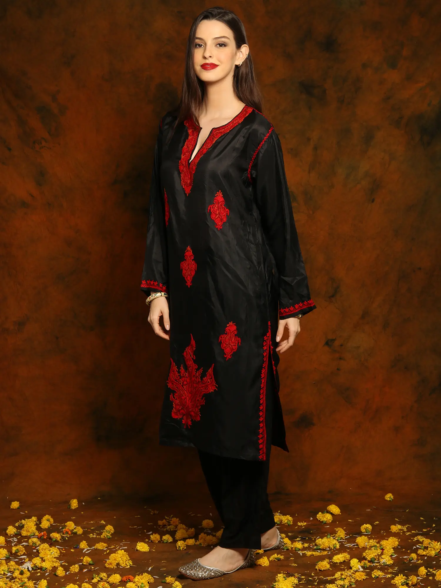 Kashmiri Black Silk Phiran with Paisley Red Aari Embroidery, alternate view