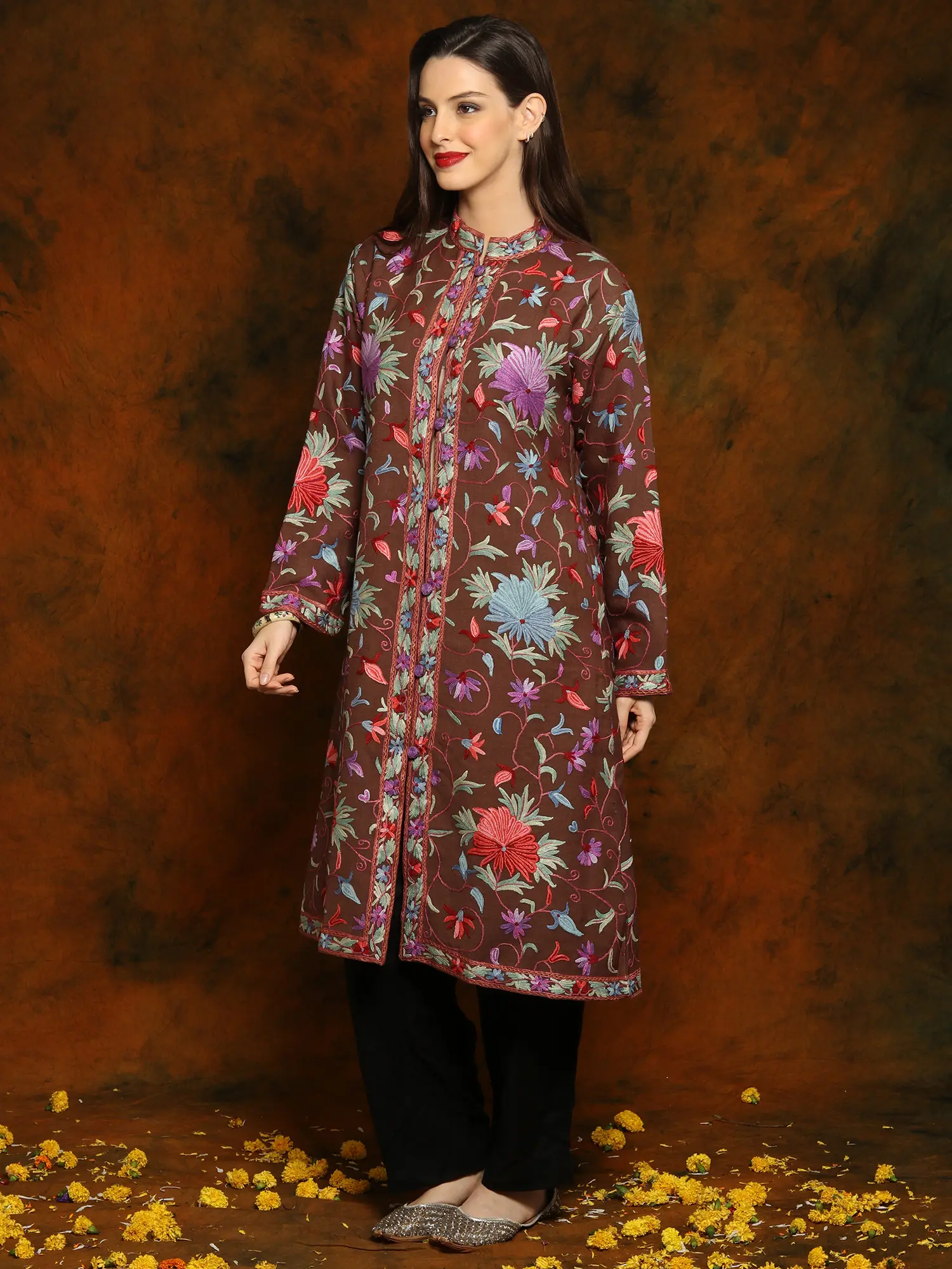 Kashmiri Chocolate Brown Woolen Long Jacket with Detailed Floral and Paisley Aari Embroidery, alternate view
