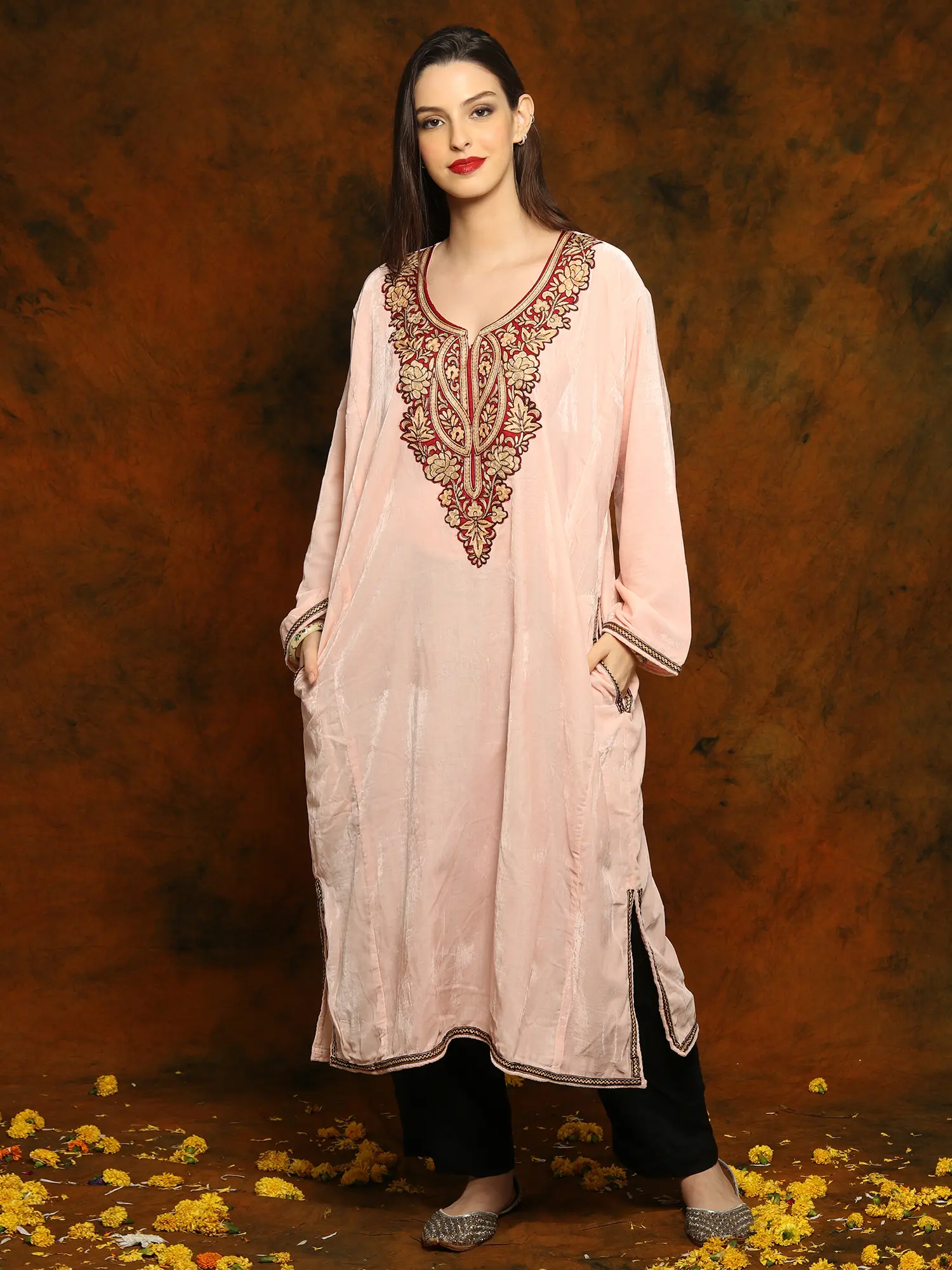 Kashmiri Baby Pink Silk Phiran with Paisley Aari Embroidery