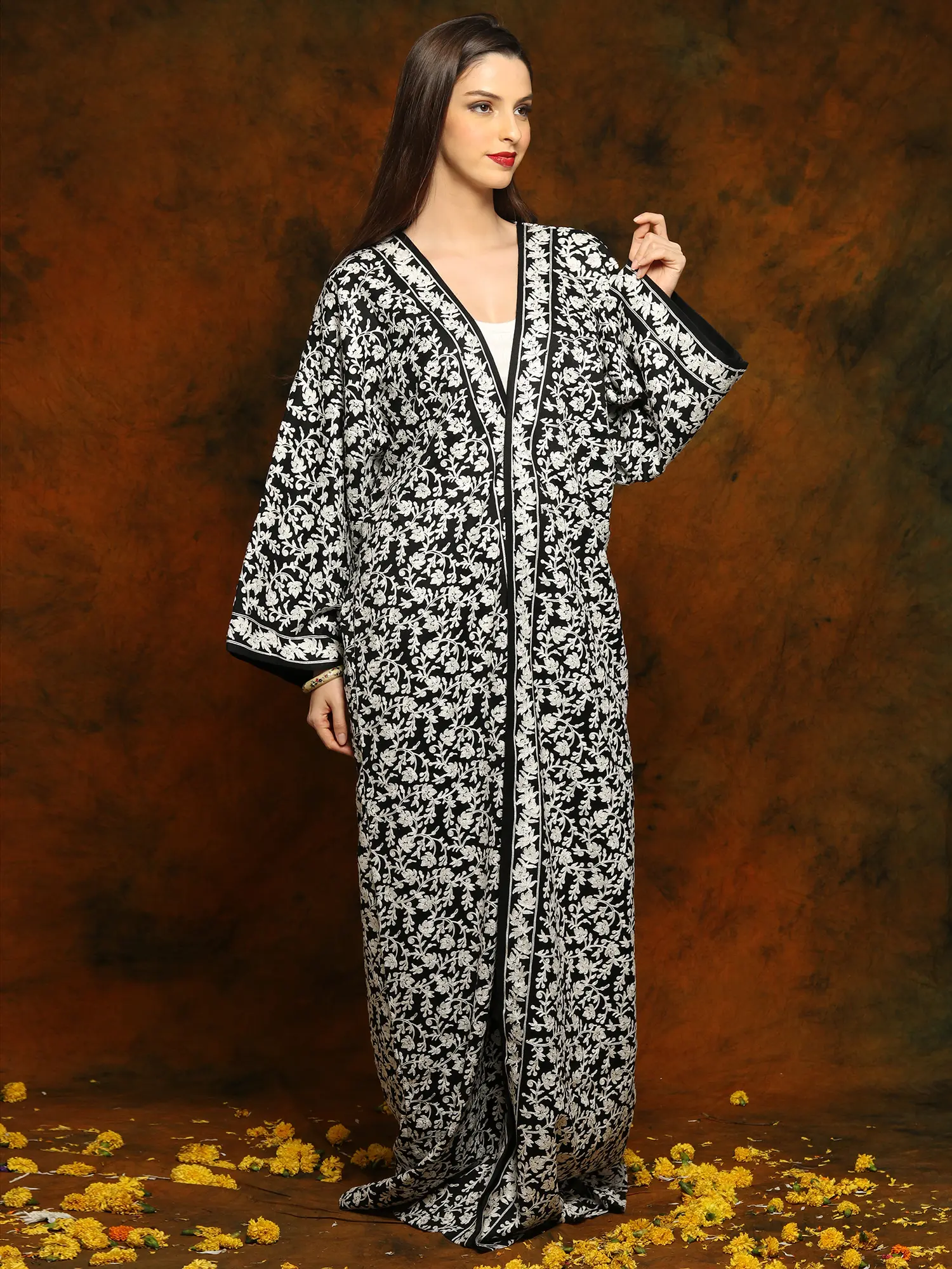 Black Fine Woolen Long Cloak with Arabian Sleeves and Detailed Floral and Paisley White Aari Embroidery, alternate view
