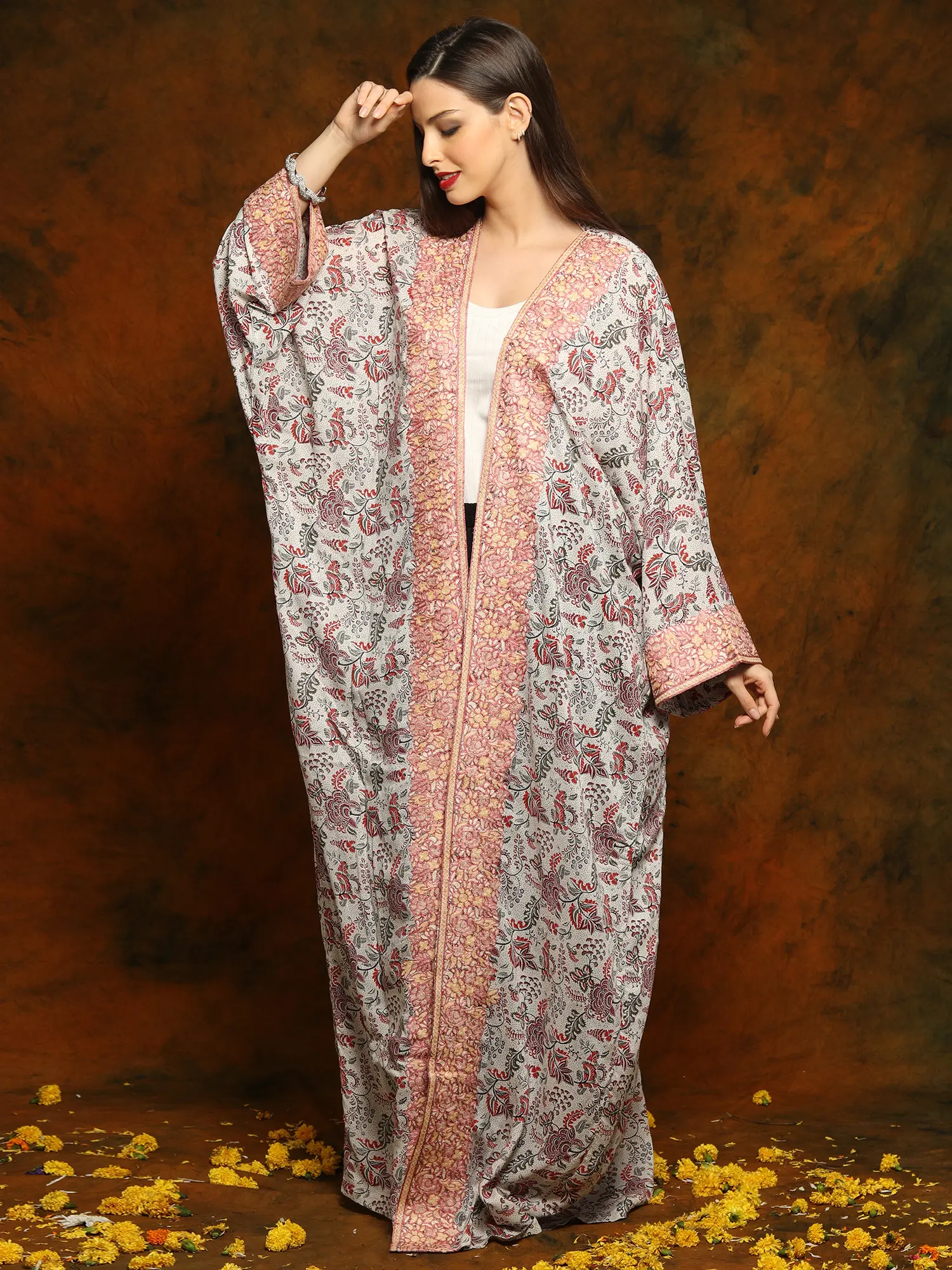 White Floral Rayon Long Bisht with Detailed Floral and Paisley White Aari Embroidery, alternate view