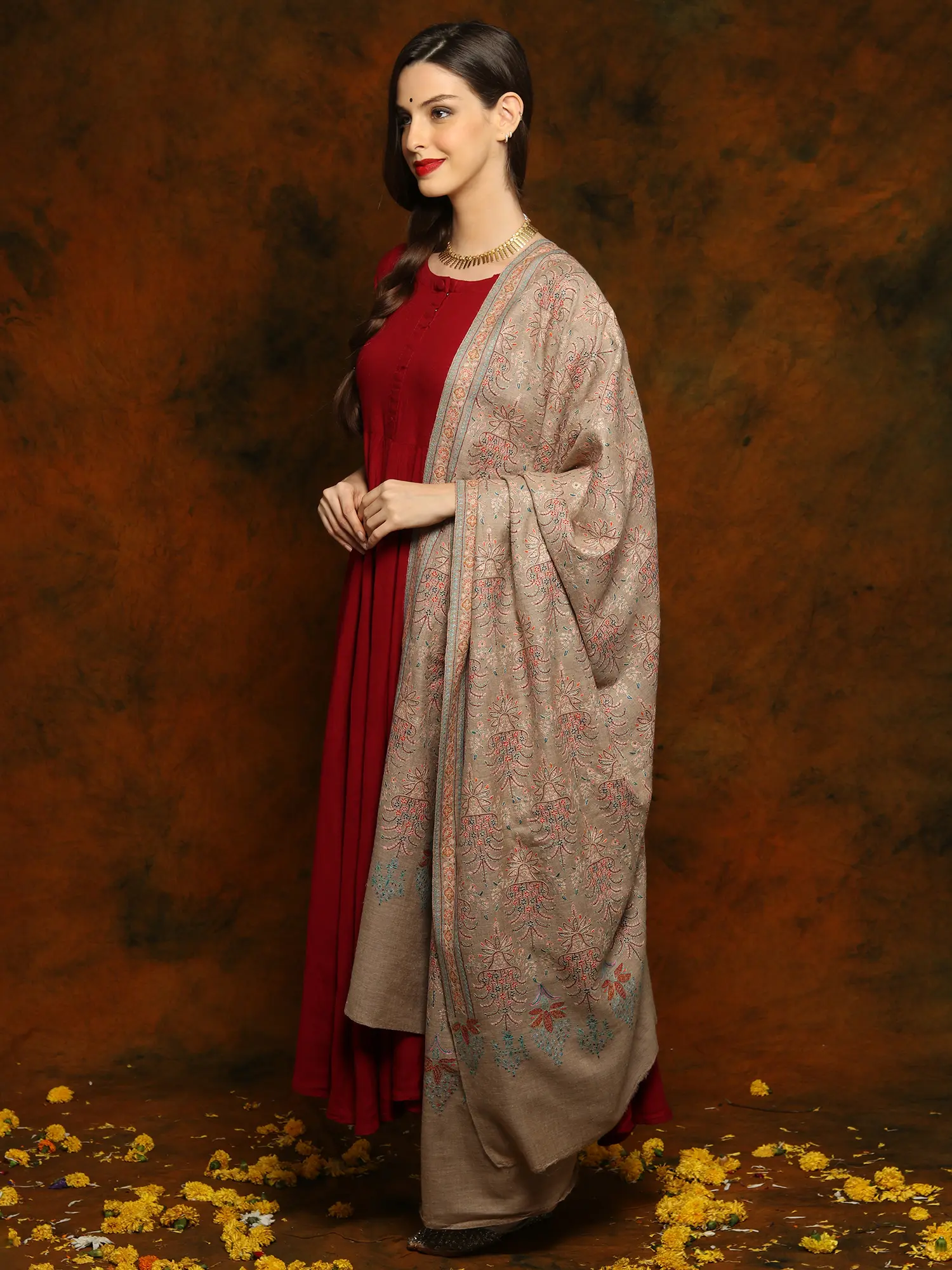 Grey Pure Ladakh Pashmina Shawl with Sozni Floral Fine All Over Embroidery, alternate view