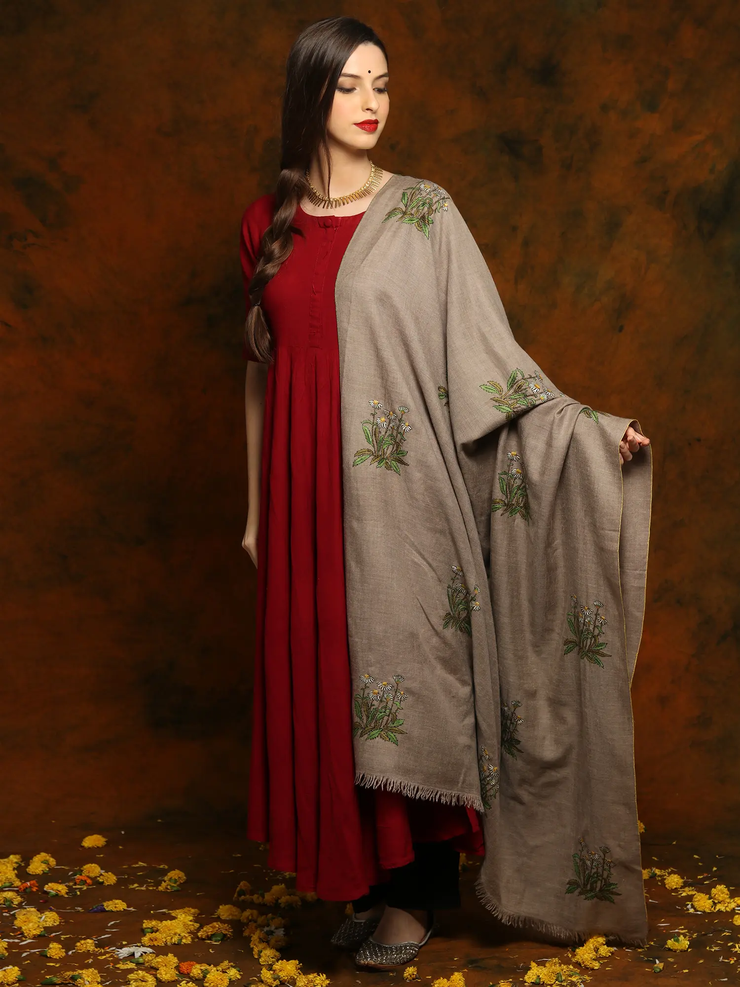 Dark Grey Pashmina Shawl with Sozni Floral Fine Mural Embroidery, alternate view