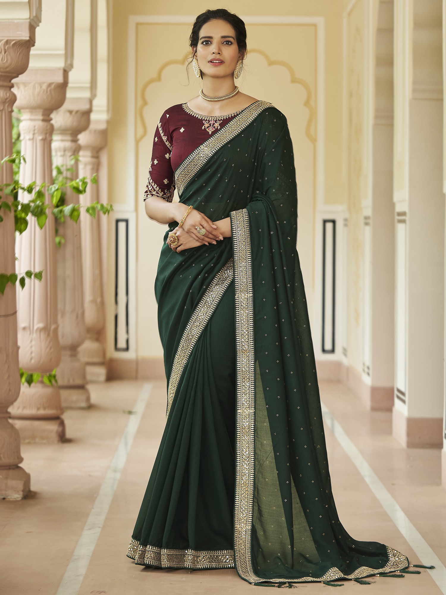 Heavy Vichitra Silk Bundi Pattern Saree With Sequins Swarovski Jari