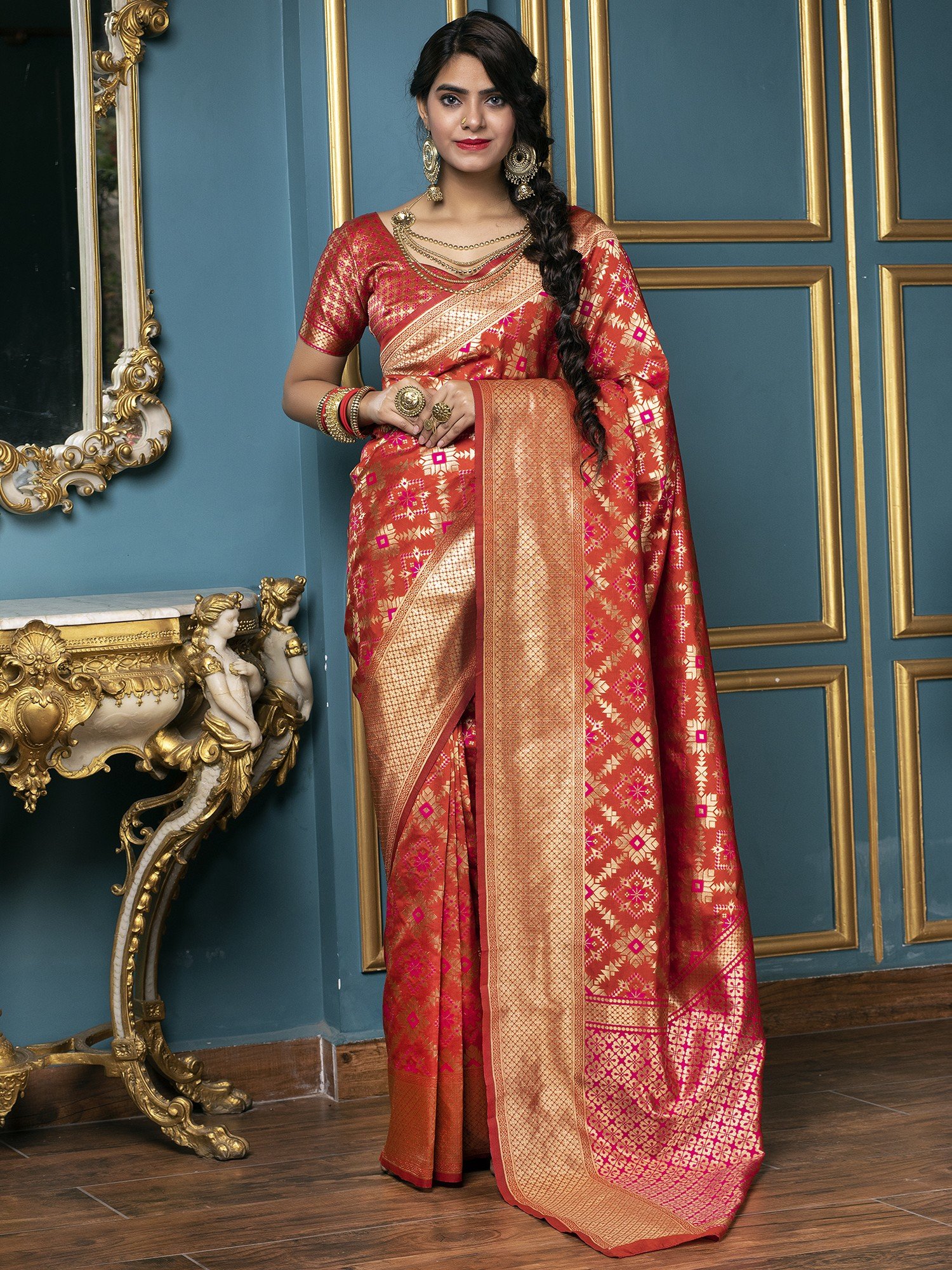 Glitzy Peach Color Organza Base Saree With Matching Blouse