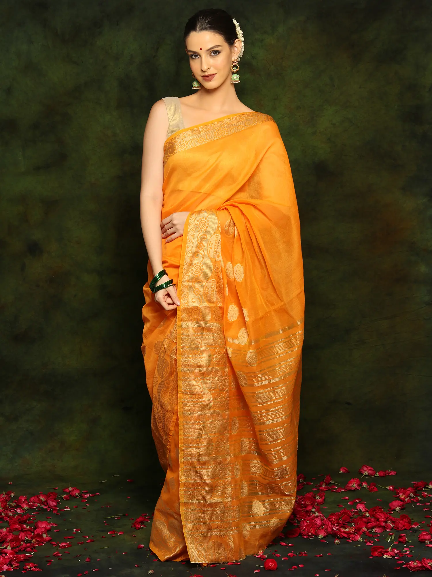 Bengali Poly Cotton Marigold Yellow Saree with Traditional Golden Zari Embroidery