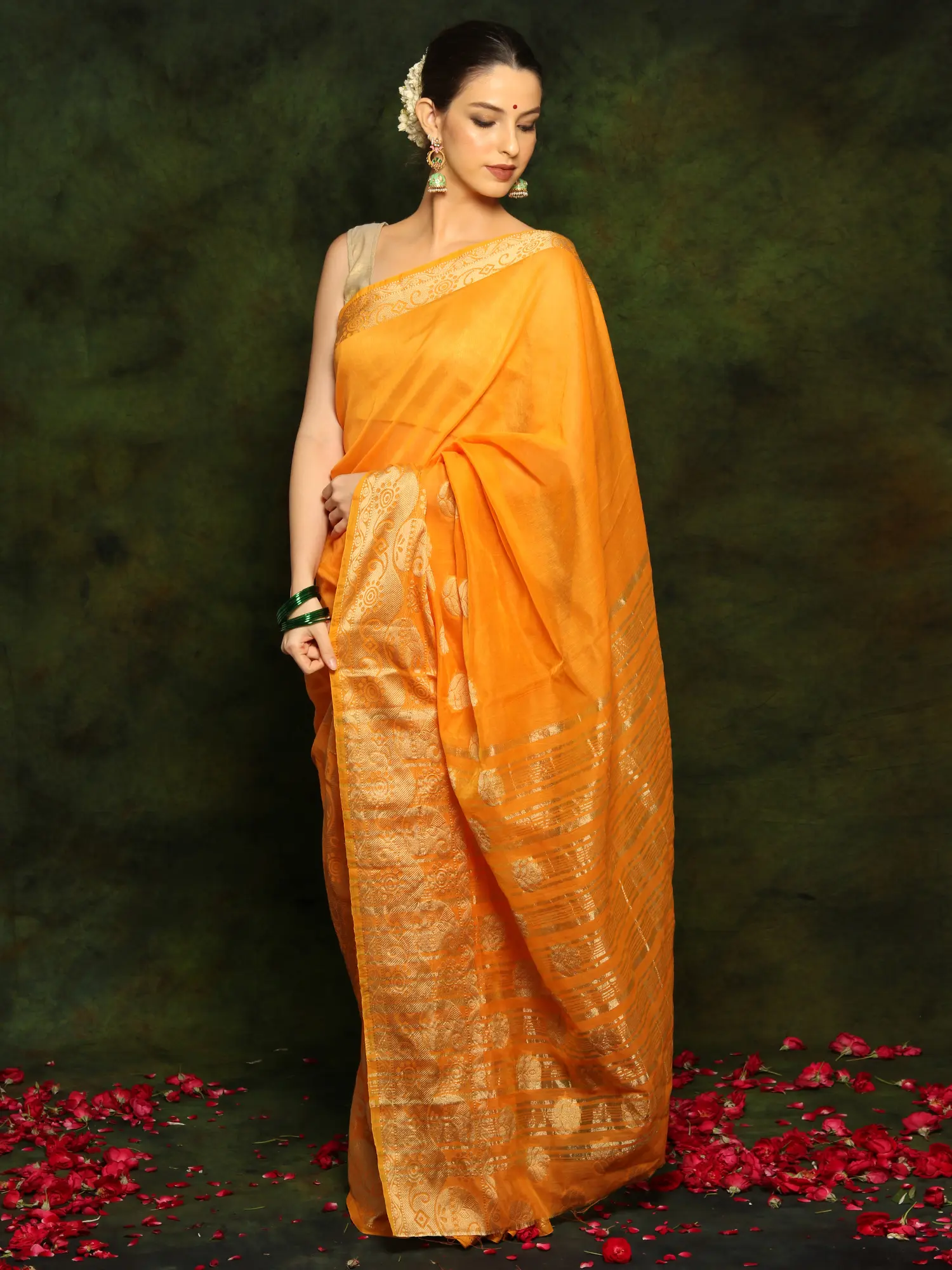 Bengali Poly Cotton Marigold Yellow Saree with Traditional Golden Zari Embroidery, alternate view