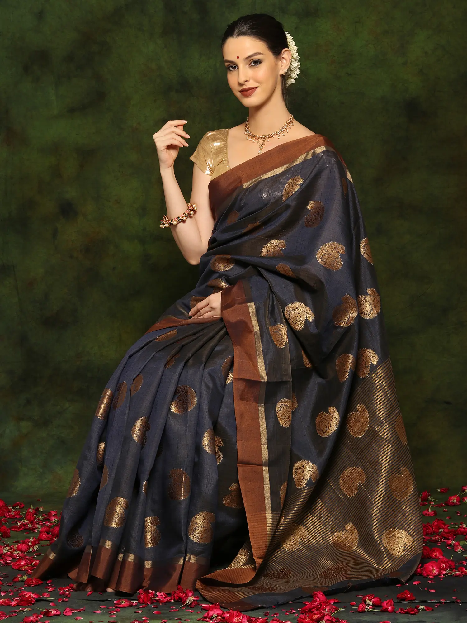 Art Silk Saree with Golden Stripes and Traditional Paisley Motifs All Over